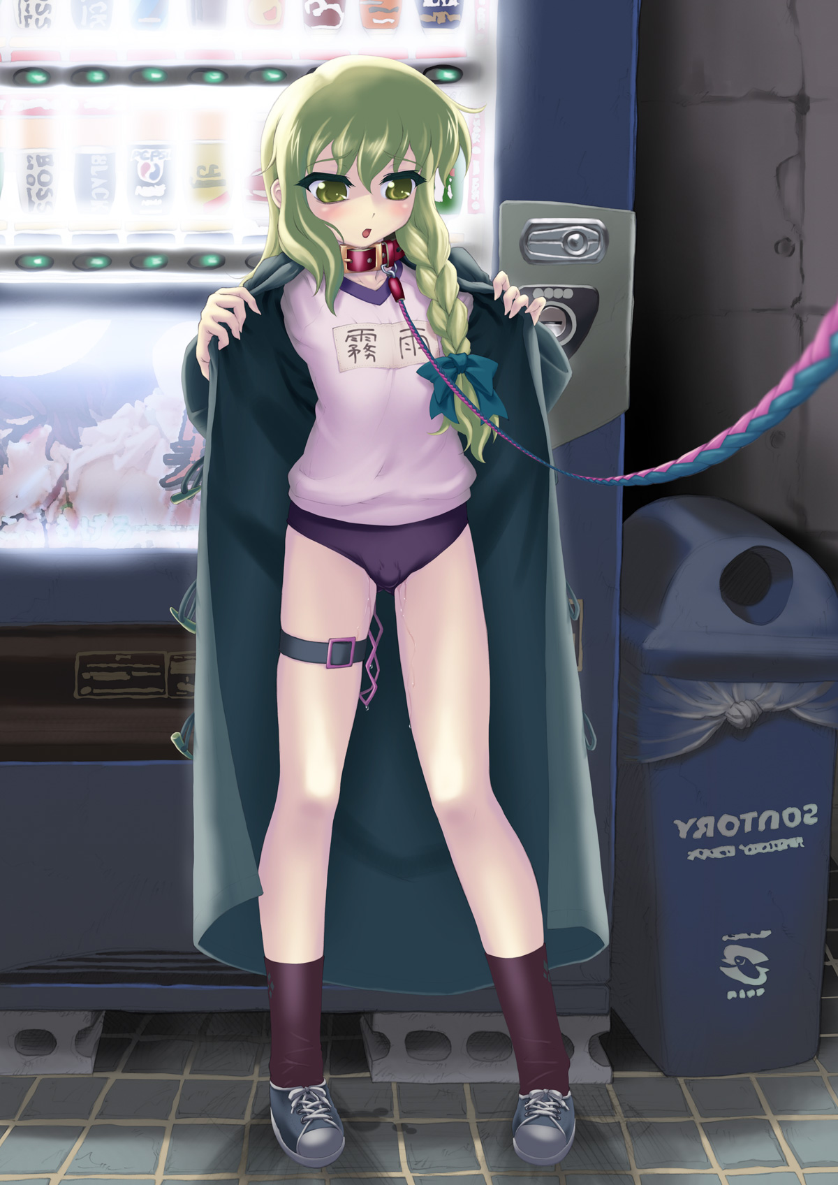 yaburebouki akuta, inaba tewi, kirisame marisa, touhou, highres, 1girl, alternate costume, blonde hair, braid, buruma, clitoral stimulation, coat, collar, discreet vibrator, female focus, gym uniform, jacket, leash, name tag, open clothes, open jacket, public indecency, public vibrator, pussy juice, sex toy, shoes, short hair, sneakers, socks, solo, trash can, vending machine, vibrator, vibrator on clitoris, vibrator under clothes, viewer holding leash, yellow eyes