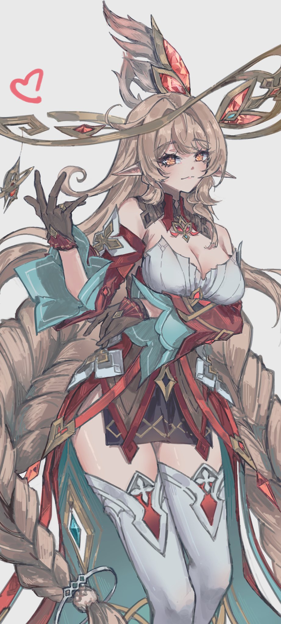 toona79826316, alice (genshin impact), genshin impact, highres, 1girl, aqua dress, aqua gemstone, aqua sleeves, arm under breasts, braid, breasts, brown eyes, brown gloves, cleavage, closed mouth, coattails, collar, cowlick, cross, cross-shaped pupils, cross print, detached collar, detached sleeves, dress, eyelashes, feather hair ornament, feathers, frilled gloves, frills, gem, gem hair ornament, gloves, gold halo, hair intakes, hair ornament, hand up, heart, large breasts, layered sleeves, long hair, looking at viewer, low twin braids, pelvic curtain, pink lips, pointy ears, red collar, red dress, red gemstone, red sleeves, single bare shoulder, smile, solo, strapless, strapless dress, swept bangs, symbol-shaped pupils, thighhighs, twin braids, two-sided dress, two-sided fabric, very long hair, vision (genshin impact), white background, white thighhighs