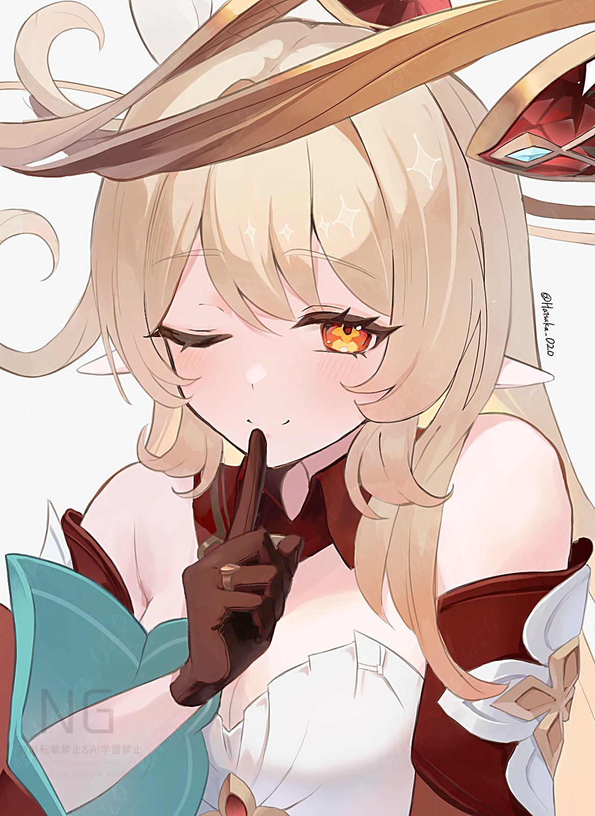 alice (genshin impact), genshin impact, heart ring, commentary request, highres, 1girl, aqua sleeves, armpit crease, bare shoulders, blonde hair, blush, breasts, brown gloves, cleavage, closed mouth, collar, cowlick, cross-shaped pupils, detached collar, detached sleeves, dress, eyelashes, gem, gloves, gold halo, hair between eyes, hand up, hatsuka 020, index finger raised, jewelry, layered sleeves, long hair, looking at viewer, medium breasts, one eye closed, orange eyes, pointy ears, portrait, red collar, red gemstone, red sleeves, ring, smile, solo, split mouth, strapless, strapless dress, symbol-shaped pupils, twitter username, wedding ring, white background, white dress, white gemstone, white trim, yellow pupils