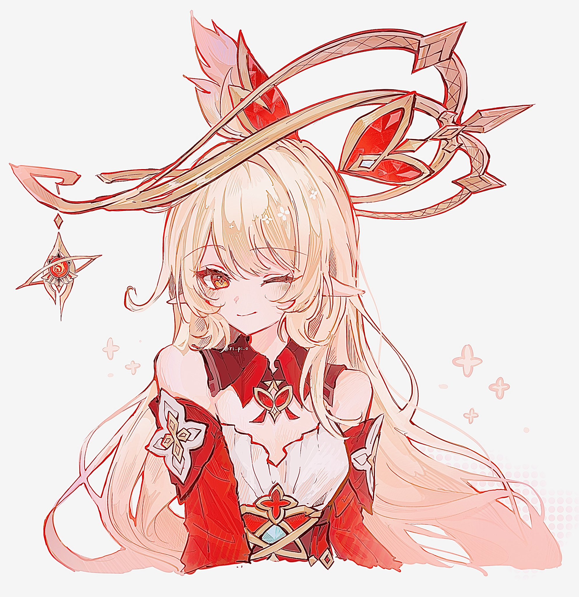 alice (genshin impact), genshin impact, hashtag-only commentary, highres, 1girl, ahoge, arms at sides, bare shoulders, blonde hair, blush, brown eyes, closed mouth, collar, cowlick, cropped torso, detached collar, detached sleeves, dress, eyelashes, feather hair ornament, feathers, flat chest, gem, gold halo, hair ornament, heart-shaped gem, long hair, looking at viewer, one eye closed, pointy ears, pyro symbol (genshin impact), red collar, red dress, red gemstone, red sleeves, ri pi o, smile, solo, tsurime, twitter username, vision (genshin impact), white background, white feathers, white gemstone
