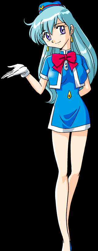 tenjouin katsura, yat anshin uchuu ryokou, tagme, 1990s (style), blue hair, dress, flight attendant, legs, long hair, miniskirt, retro artstyle, short dress, skirt, travel attendant
