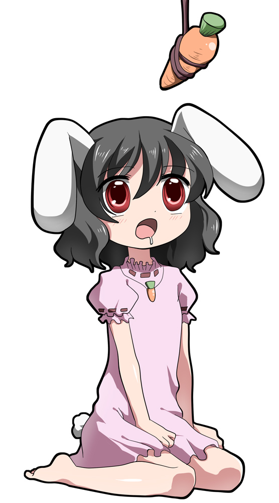 kanki, inaba tewi, touhou, 1girl, animal ears, barefoot, black hair, carrot, female focus, full body, rabbit ears, red eyes, short hair, simple background, sitting, solo, white background