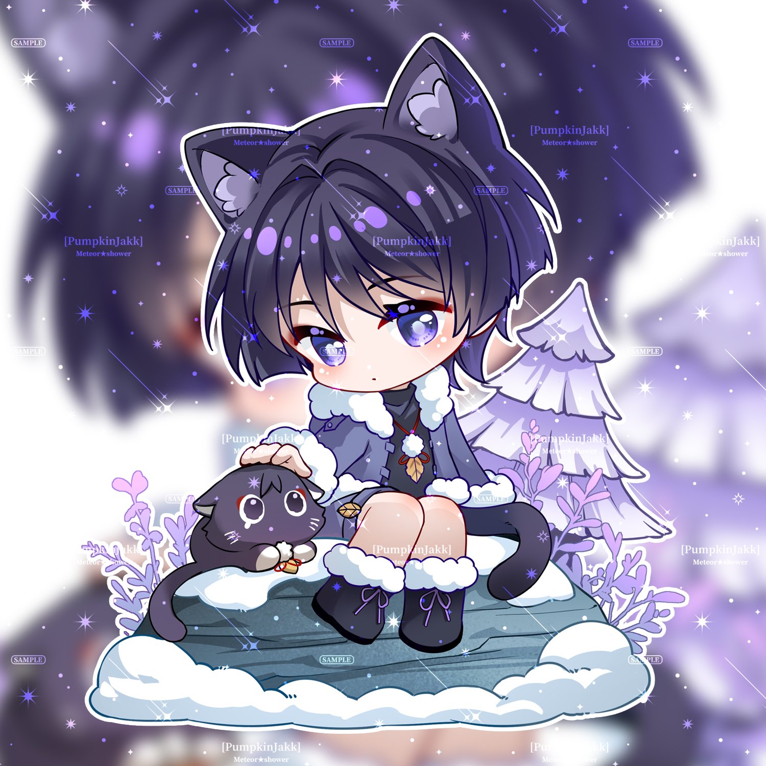 pumpkinjakk, scaramouche (cat) (genshin impact), scaramouche (genshin impact), genshin impact, commentary request, highres, 1boy, animal ear fluff, animal ears, animalization, arms at sides, artist name, black cat, black hair, black shirt, black shoes, blunt ends, blurry, blurry background, blush, cat, cat boy, cat ears, cat tail, closed mouth, cross-laced shoes, eyelashes, eyeliner, eyeshadow, feathers, fur-trimmed jacket, fur-trimmed shoes, fur collar, fur trim, grey jacket, grey sleeves, hair intakes, jacket, looking at animal, makeup, male focus, open clothes, open jacket, person and animalization, petting, plant, pom pom (clothes), purple eyes, red eyeliner, red eyeshadow, rock, sample watermark, shirt, shoes, sitting, snow, sparkle, string, tail, tree, undershirt, watermark, wispy bangs, yellow feathers, zoom layer