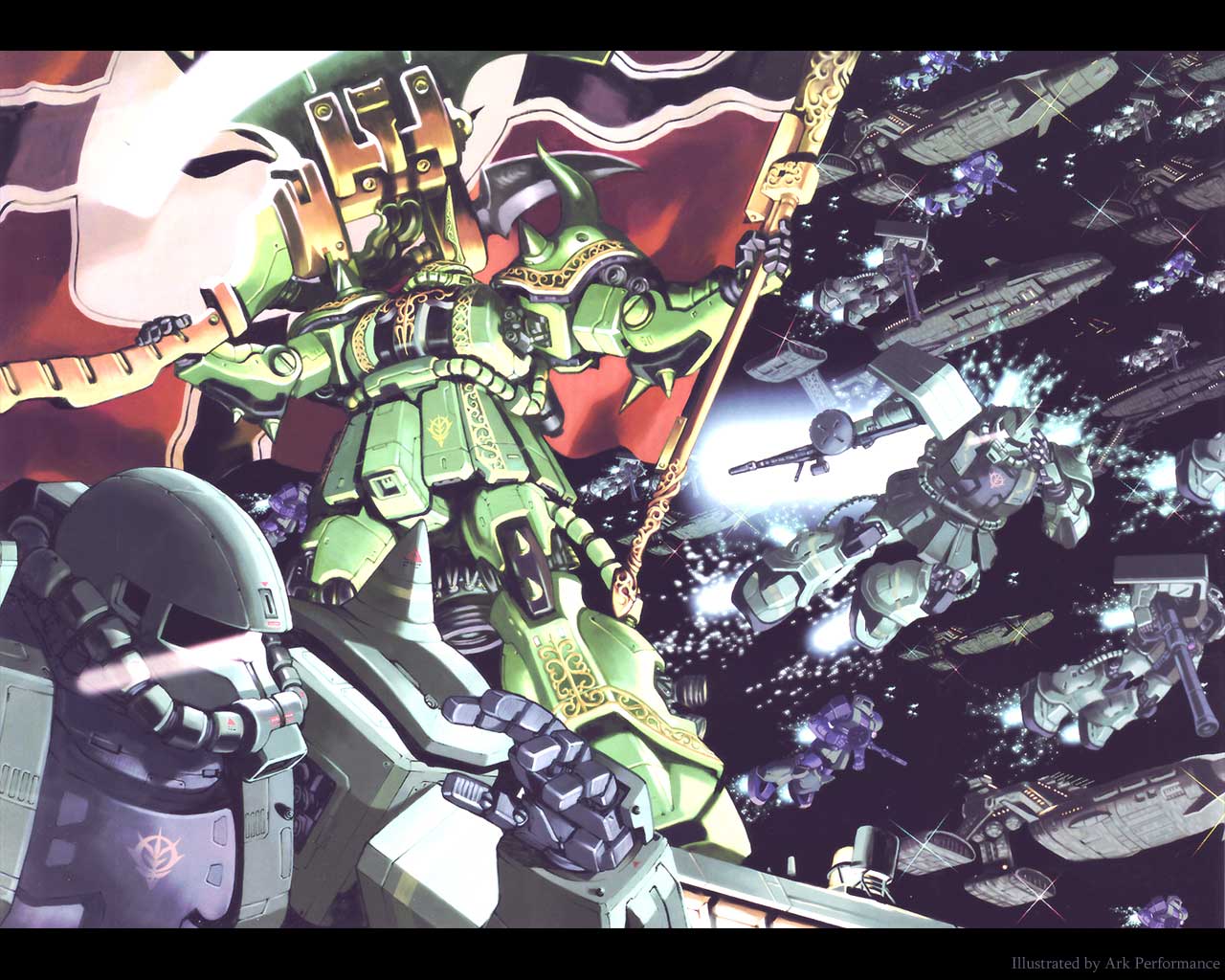 musai, zaku, zaku i, zaku ii, zaku ii f/j, zaku ii f dozle zabi custom, zaku ii s, gundam, gundam msv, mobile suit gundam, axe, battleship, flag, gun, letterboxed, m1 bazooka, mecha, mecha focus, military, military vehicle, no humans, rifle, robot, rocket launcher, salute, ship, space, spacecraft, spikes, war, warship, watercraft, weapon, zaku ii f, zeon
