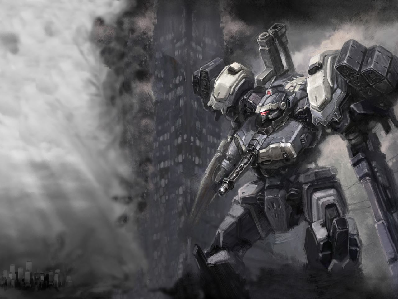armored core, armored core 3, fromsoftware, asymmetrical dual wielding, building, burning, city, dual wielding, grenade launcher, gun, holding, laser blade, mecha, no humans, rifle, robot, skyscraper, solo, weapon