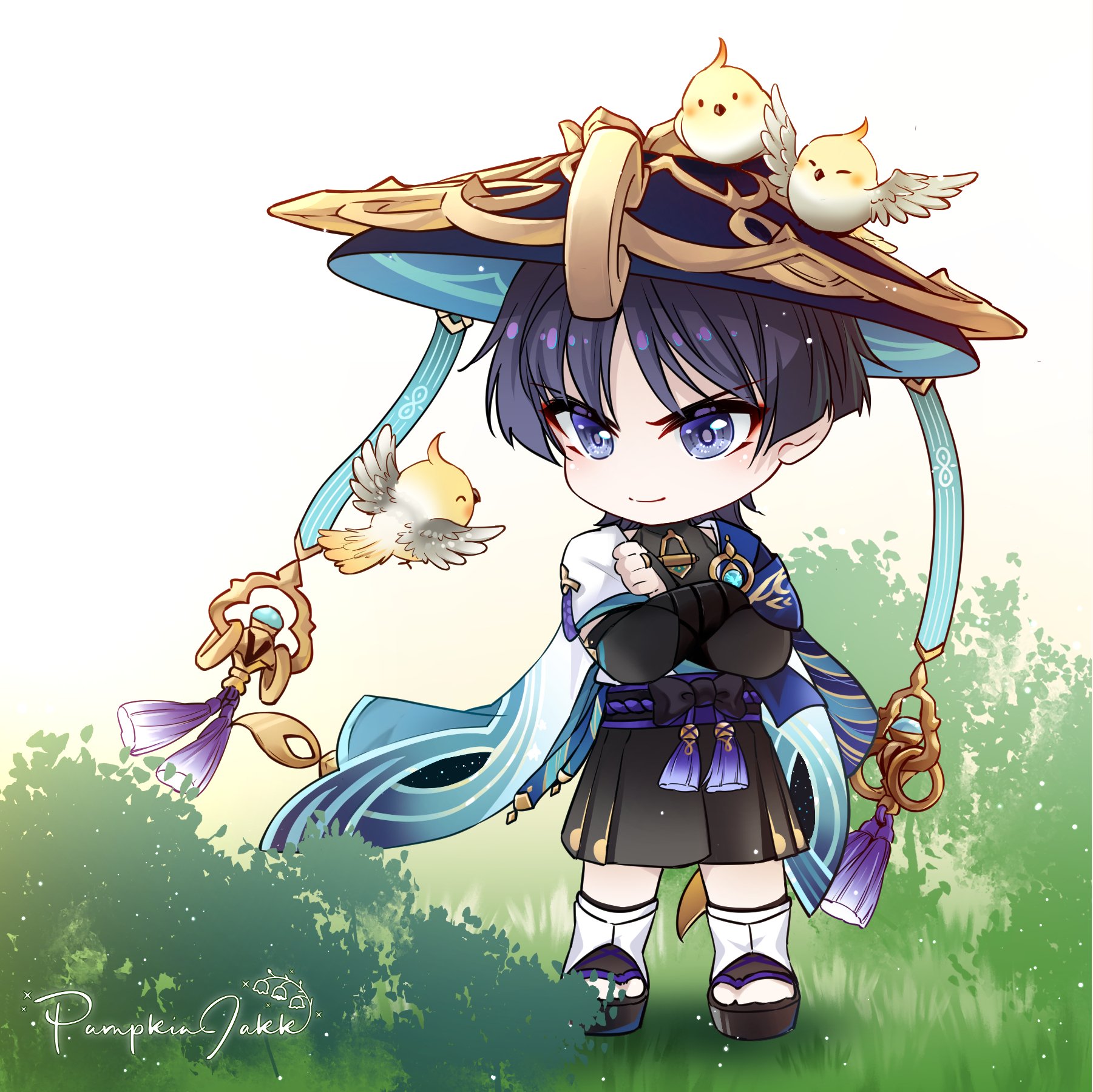 pumpkinjakk, scaramouche (genshin impact), wanderer (genshin impact), genshin impact, commentary request, highres, 1boy, animal, animal on head, armor, artist name, belt, bird, bird on head, black belt, black bodysuit, black hair, black sandals, black shorts, blue cape, blue hat, blue sleeves, blunt ends, bodysuit, bridal gauntlets, bush, cape, closed mouth, crossed arms, eyeliner, eyeshadow, finch, frown, furisode, gold, gold ring, gold trim, grass, grey bridal gauntlets, hakama, hakama shorts, hat, japanese armor, japanese clothes, jingasa, kimono, kote, kurokote, layered sleeves, leg warmers, looking at animal, makeup, male focus, middle ring, multicolored hair, on head, outdoors, pleated shorts, purple eyes, purple hair, purple pupils, purple rope, purple sash, red eyeliner, red eyeshadow, rope, sandals, sash, short sleeves, shorts, shoulder peek, smile, solo, standing, streaked hair, tassel, toeless legwear, tsurime, white background, white leg warmers, white sleeves, wispy bangs, zouri