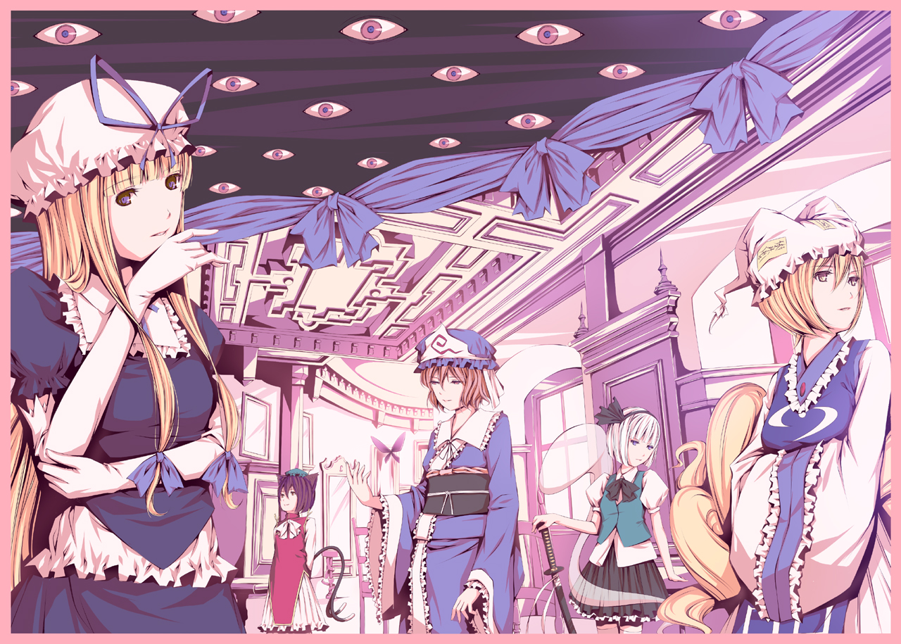 ayasaka, chen, konpaku youmu, konpaku youmu (ghost), saigyouji yuyuko, yakumo ran, yakumo yukari, touhou, silver hair, bad id, bad pixiv id, 5girls, animal hat, blonde hair, brown hair, bug, butterfly, female focus, gap (touhou), hands in opposite sleeves, hat, hat ribbon, hitodama, insect, long hair, long sleeves, mob cap, multiple girls, multiple tails, puffy short sleeves, puffy sleeves, ribbon, short hair, short sleeves, sunlight, sword, tail, triangular headpiece, weapon, wide sleeves