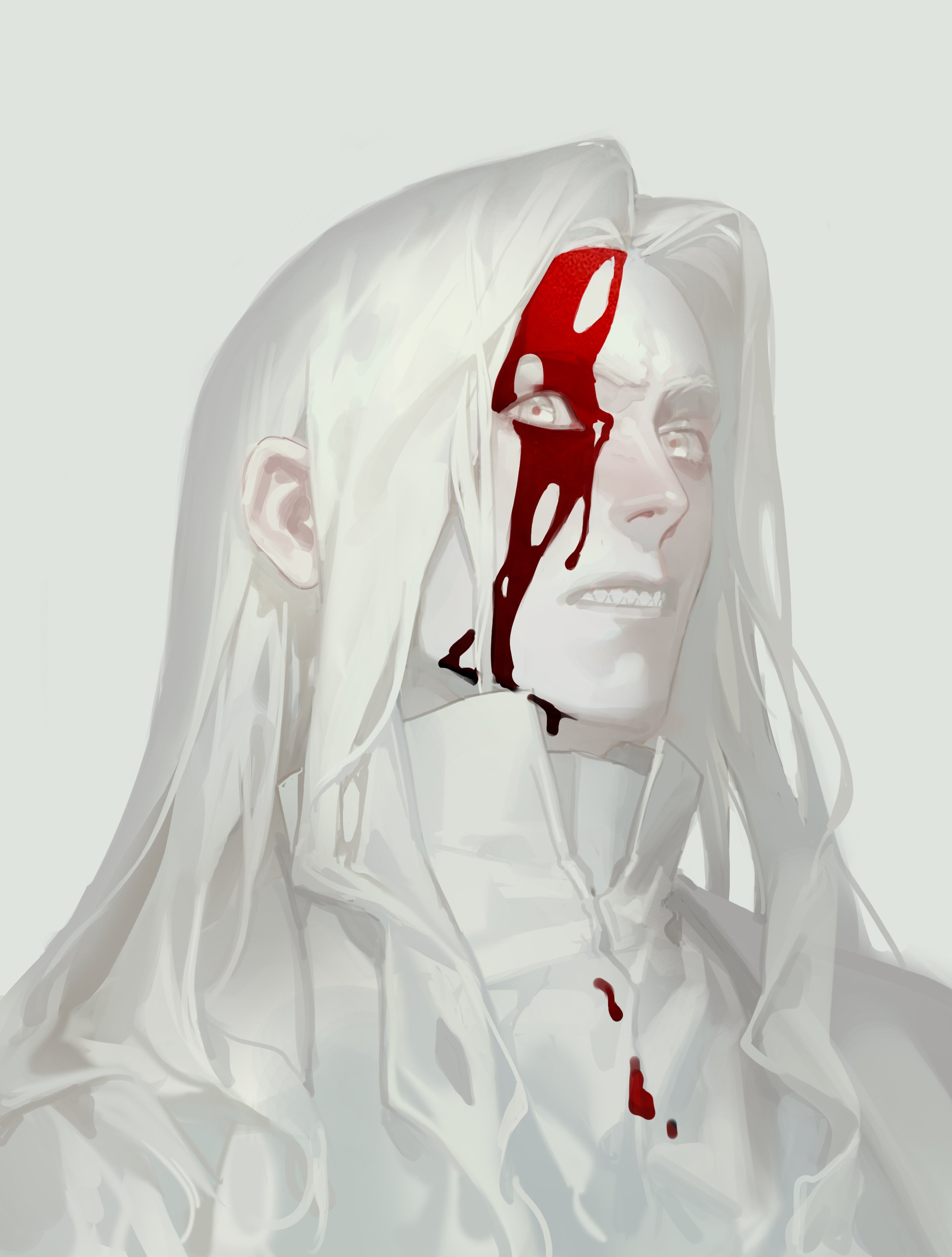apostle2408, original, absurdres, commentary, english commentary, highres, 1boy, bleeding, blood, blood from forehead, blood on face, blood splatter, clenched teeth, curtained hair, high collar, long hair, looking at viewer, male focus, portrait, shirt, solo, teeth, white eyes, white hair, white shirt, wide-eyed