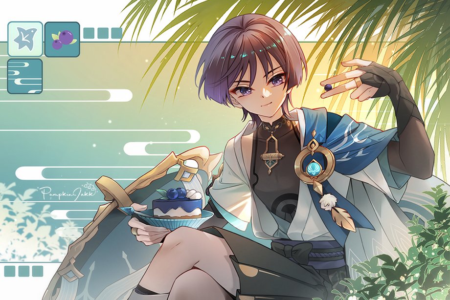 pumpkinjakk, scaramouche (genshin impact), wanderer (genshin impact), genshin impact, hashtag-only commentary, 1boy, anemo symbol (genshin impact), aqua background, armor, belt, bird, black belt, black bodysuit, black bow, black shorts, blue cape, blue gemstone, blue hat, blue sleeves, blueberry, blunt ends, bodysuit, bow, bowl, bridal gauntlets, bush, cake, cape, closed mouth, colored tips, covered collarbone, crossed legs, egasumi, eyeliner, eyeshadow, feathers, fingernails, food, fruit, gem, gold, gold ring, grey bridal gauntlets, grey kimono, hakama, hakama shorts, hand up, hat, holding, holding bowl, holding food, japanese armor, japanese clothes, jingasa, juban, kimono, kote, kurokote, layered sleeves, leaf, looking at food, makeup, male focus, mandarin collar, middle ring, multicolored hair, open clothes, open kimono, pleated shorts, pom pom (clothes), purple eyes, purple hair, purple rope, purple sash, red eyeliner, red eyeshadow, rope, sash, short sleeves, shorts, shoulder peek, smile, solo, tsurime, unworn hat, unworn headwear, vision (genshin impact), white kimono, white sleeves, white trim, wispy bangs, yellow feathers