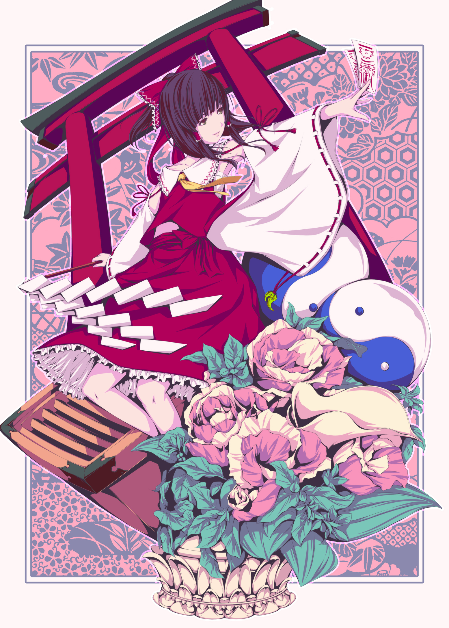 ayasaka, hakurei reimu, touhou, bad id, bad pixiv id, highres, 1girl, female focus, flower, frills, gohei, hexagon, japanese clothes, miko, ofuda, oonusa, rose, solo, torii, yin yang