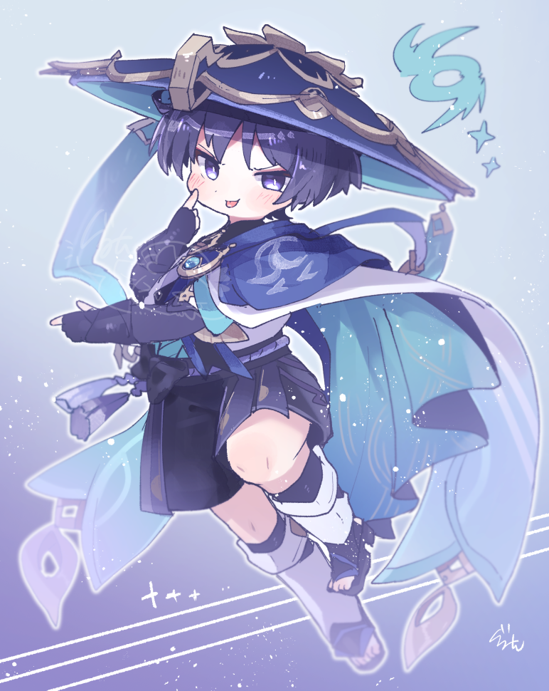 gurumin (gurruguru), scaramouche (genshin impact), wanderer (genshin impact), genshin impact, commentary request, 1boy, :p, akanbe, armor, belt, black belt, black bodysuit, black bow, black bridal gauntlets, black sandals, black shorts, blue cape, blue gemstone, blue hat, blunt ends, blush, bodysuit, bow, bridal gauntlets, bridal legwear, bright pupils, cape, eyelid pull, eyeliner, eyeshadow, feathers, finger to cheek, furisode, gem, gold, grey hair, hakama, hakama shorts, hat, index finger raised, japanese armor, japanese clothes, jingasa, kimono, kote, kurokote, leg warmers, looking at viewer, makeup, male focus, mandarin collar, pleated shorts, purple eyes, purple hat, purple rope, red eyeliner, red eyeshadow, rope, sandals, shorts, solo, stirrup legwear, tassel, toeless legwear, toes, tongue, tongue out, two-sided fabric, two-sided headwear, vision (genshin impact), watermark, white leg warmers, white pupils, white trim, wispy bangs, yellow feathers, zouri