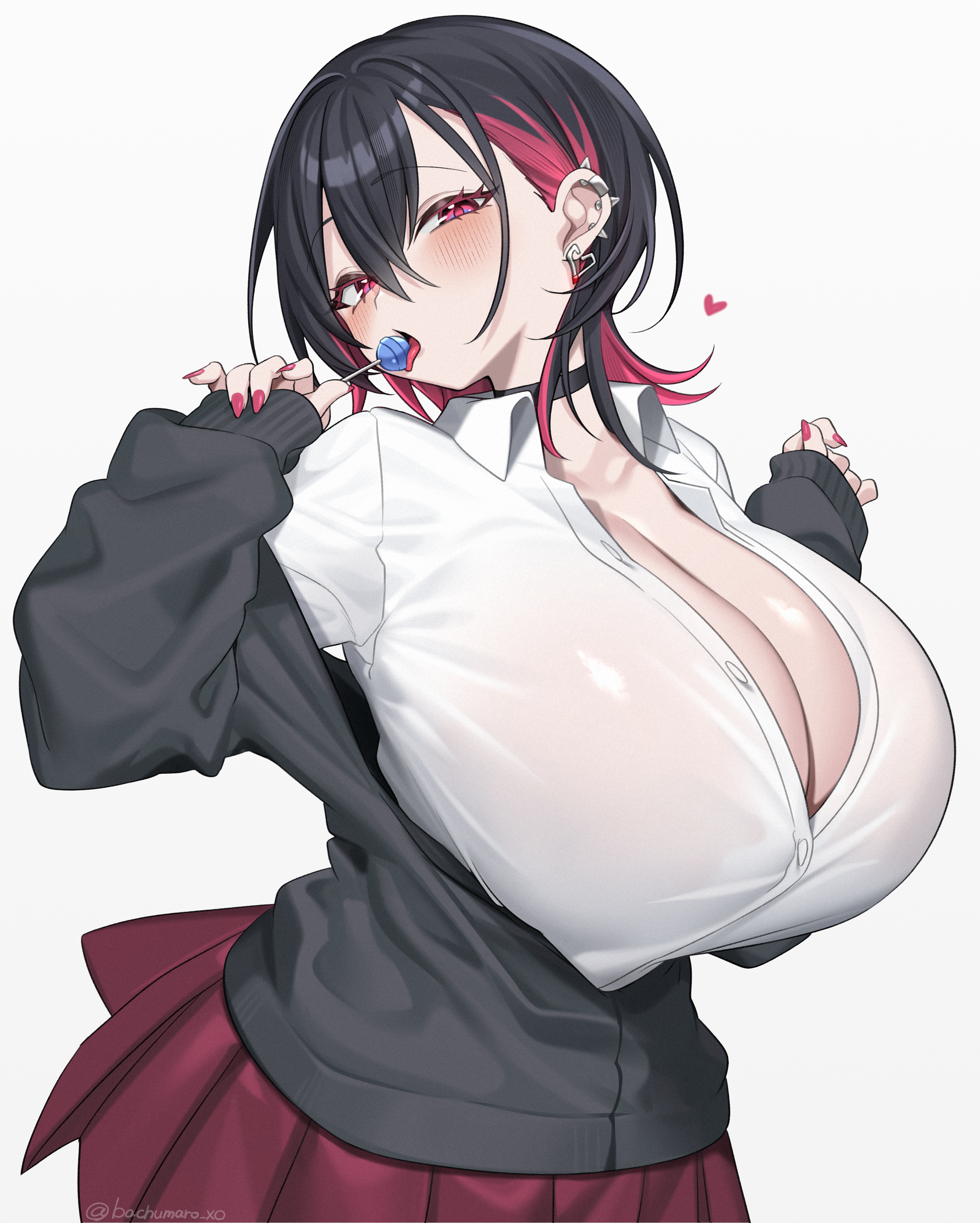 hz (666v), original, absurdres, commentary request, highres, 1girl, black hair, breasts, candy, cleavage, collarbone, colored inner hair, food, food in mouth, hair between eyes, holding, holding candy, holding food, holding lollipop, huge breasts, kobeni-chan (hz (666v)), large breasts, lollipop, lollipop in mouth, looking at viewer, mole, mole on collarbone, multicolored hair, red eyes, red hair, school uniform, shirt, short hair, simple background, smile, solo, two-tone hair, upper body, white background, wolf cut