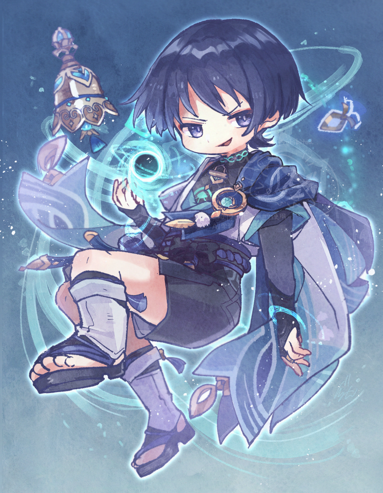 gurumin (gurruguru), scaramouche (genshin impact), wanderer (genshin impact), genshin impact, commentary request, 1boy, aqua background, aqua gemstone, aqua halo, arm at side, armor, bell, belt, black belt, black bodysuit, black bow, black sandals, black shorts, blue cape, blue kimono, blue sleeves, blunt ends, body markings, bodysuit, bow, bridal gauntlets, cape, clothing cutout, eyeliner, eyeshadow, feathers, frown, full body, furisode, gem, glowing markings, gold, grey bridal gauntlets, grey hair, hakama, hakama shorts, halo, halo behind head, hand up, hip vent, japanese armor, japanese clothes, juban, kimono, knee up, kote, kurokote, layered sleeves, leg warmers, makeup, male focus, mandarin collar, open clothes, open hands, open kimono, open mouth, pleated shorts, pom pom (clothes), purple eyes, purple pupils, purple rope, purple sash, red eyeliner, red eyeshadow, rope, sandals, sash, short sleeves, shorts, shoulder peek, single bridal gauntlet, smirk, solo, stirrup legwear, tassel, toeless legwear, toes, tulaytullah's remembrance (genshin impact), vision (genshin impact), vortex, white kimono, white leg warmers, white sleeves, white trim, wind, wispy bangs, yellow feathers, zouri