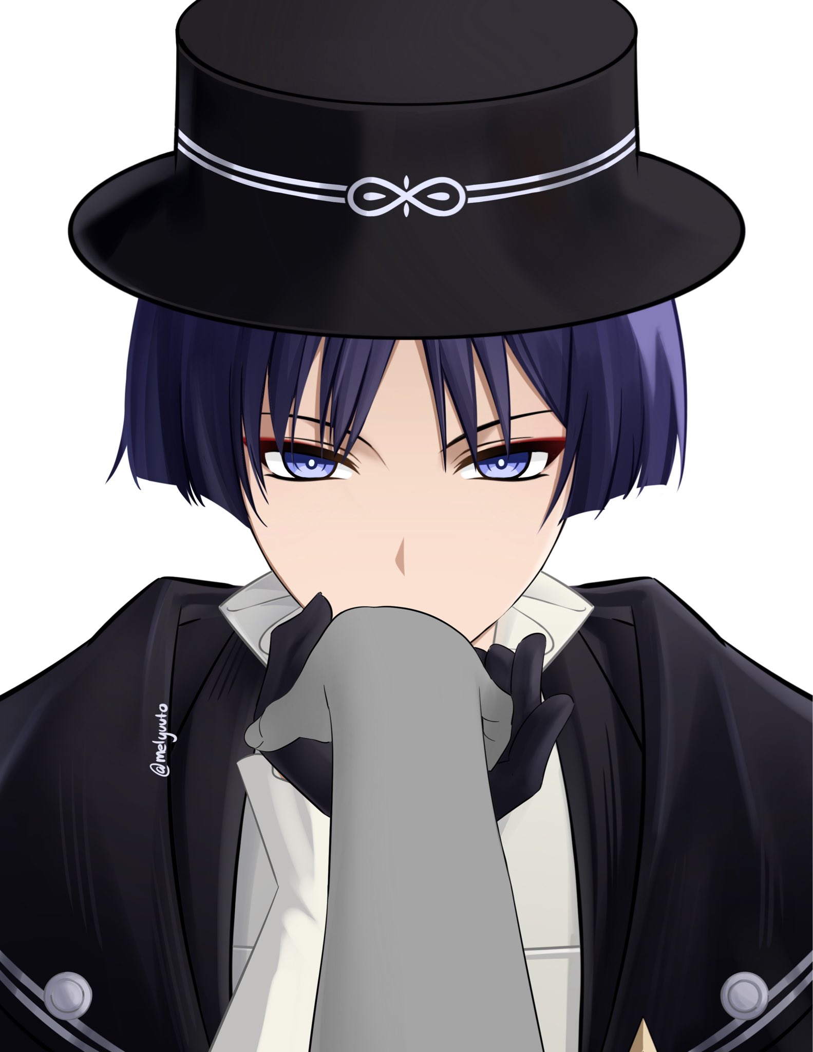scaramouche (genshin impact), wanderer (genshin fes 2026) (genshin impact), wanderer (genshin impact), genshin impact, highres, variant set, 1boy, alternate costume, black coat, black gloves, black hat, blunt ends, boater hat, bright pupils, coat, eyeliner, eyeshadow, female pov, formal clothes, frilled shirt collar, frills, gloves, hat, holding hands, kiss, kissing hand, looking at viewer, makeup, male focus, melyuuto, portrait, pov, purple eyes, purple hair, red eyeliner, red eyeshadow, shirt, solo, straight-on, tsurime, twitter username, undershirt, white background, white pupils, white shirt, white trim, wispy bangs