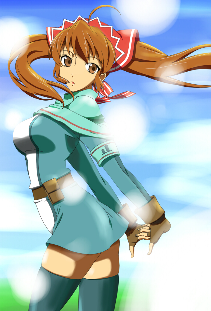 alicia melchiott, senjou no valkyria, senjou no valkyria (series), senjou no valkyria 1, 00s, belt, brown eyes, brown hair, fingerless gloves, gloves, long hair, looking back, military, military uniform, skirt, solo, thighhighs, twintails, zettai ryouiki