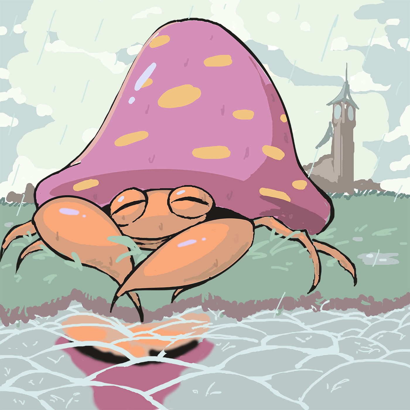 davewaterfalls, parasect, nintendo, pokemon, bug, clock, clock tower, gen 1 pokemon, grass, mushroom, outdoors, pokemon (creature), rain, reflection, reflective liquid, tower, water