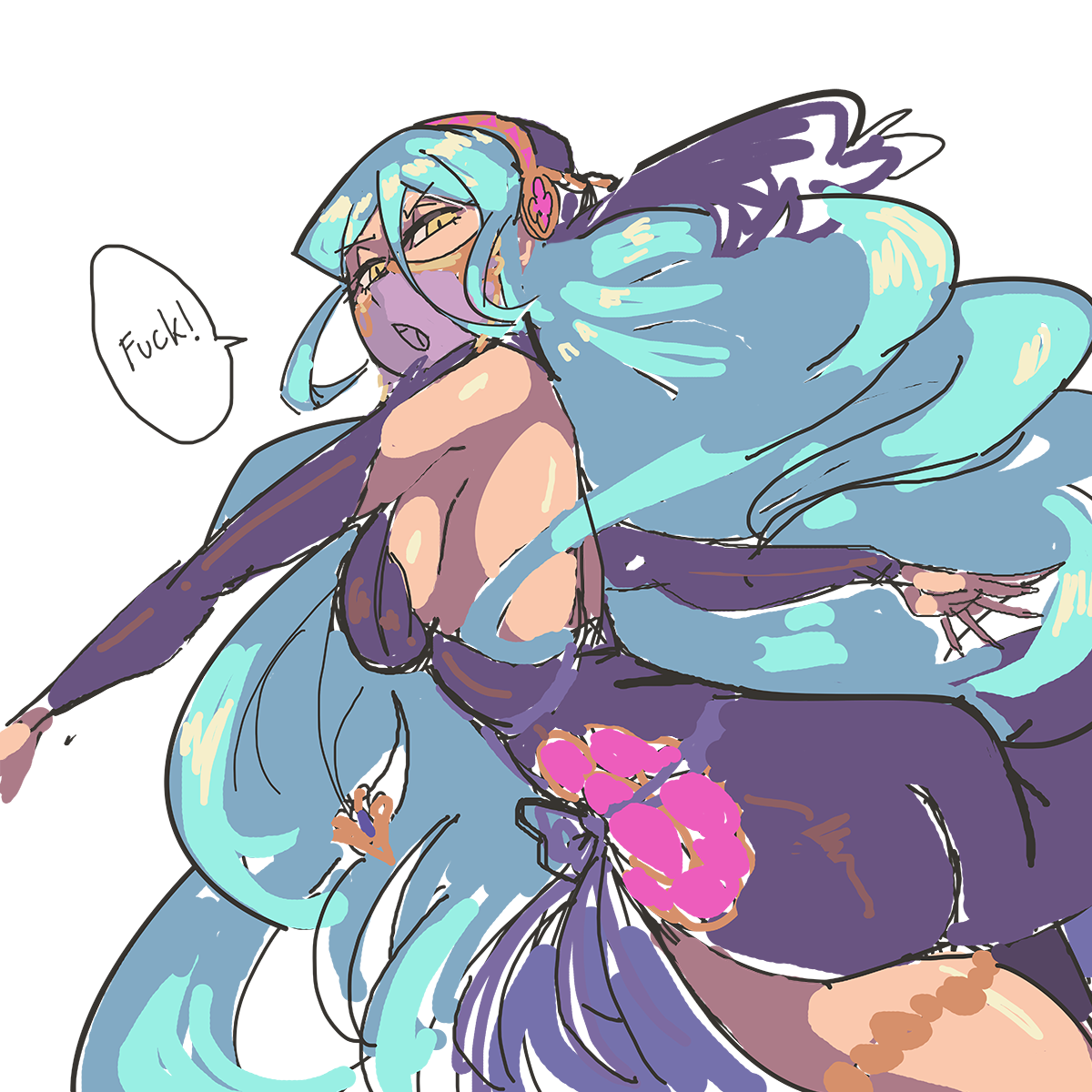 davewaterfalls, azura (fire emblem), fire emblem, fire emblem fates, nintendo, 1girl, bare shoulders, blue hair, breasts, dress, garter belt, headdress, jewelry, long hair, looking at viewer, looking back, official alternate costume, pendant, side slit, sideboob, simple background, solo, speech bubble, thighs, veil, yellow eyes