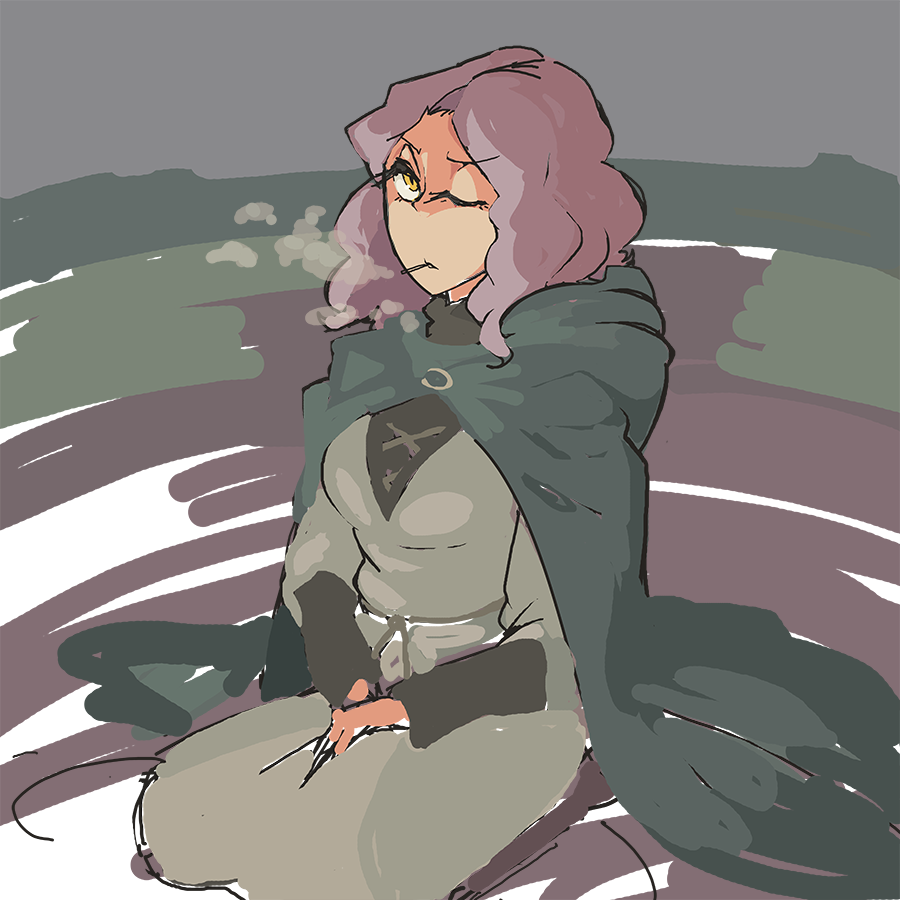 davewaterfalls, melina (elden ring), elden ring, 1girl, cape, cigarette, grey hair, hands on own thighs, looking at viewer, medium hair, one eye closed, sitting, smoking, solo