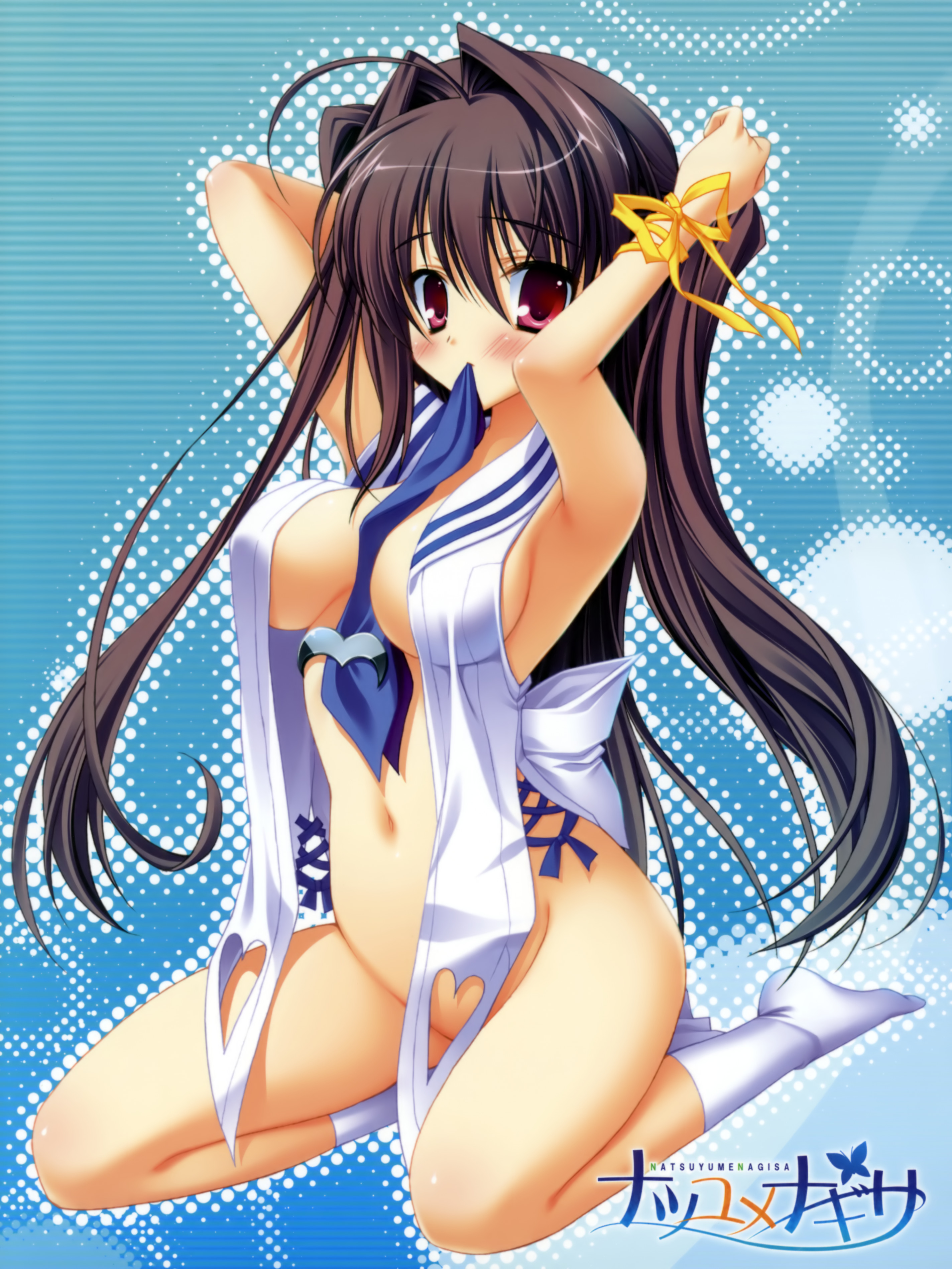 kozakura ryou, nanase ayumu, natsu yume nagisa, absurdres, highres, scan, 1girl, ahoge, armpits, arms up, between breasts, black hair, blush, bottomless, bow, breasts, cleavage, embarrassed, female focus, gradient hair, groin, hair between eyes, hair intakes, hairdressing, heart, kneeling, large breasts, long hair, looking at viewer, mouth hold, multicolored hair, navel, necktie, no bra, open clothes, open shirt, pink eyes, polka dot, polka dot background, ribbon, school uniform, serafuku, shirt, sideboob, socks, solo, undressing, very long hair, white socks, wrist ribbon