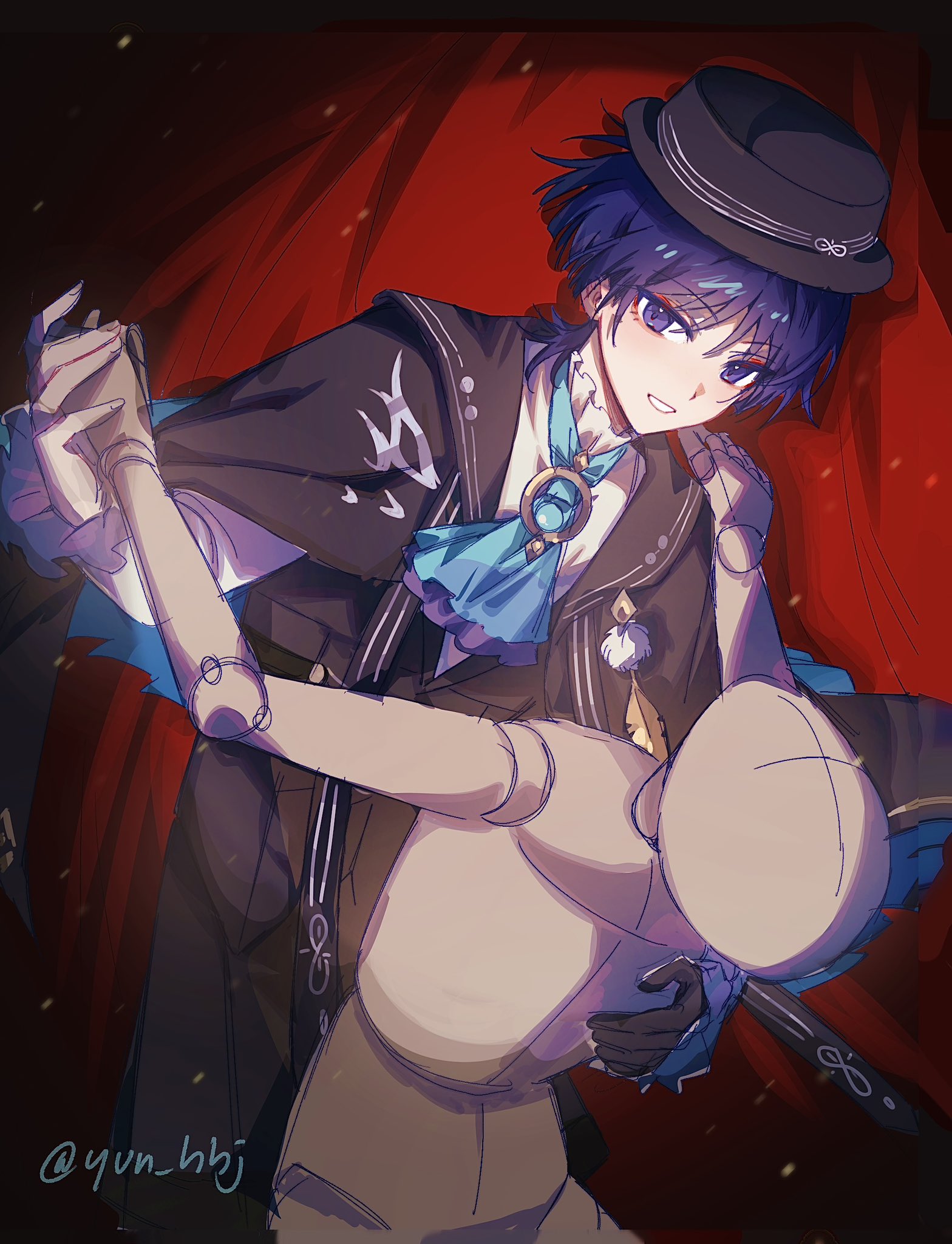 yunhhj, scaramouche (genshin impact), wanderer (genshin fes 2026) (genshin impact), wanderer (genshin impact), genshin impact, highres, 1boy, alternate costume, aqua ascot, aqua gemstone, ascot, black coat, black gloves, black hat, black shorts, blunt ends, boater hat, brooch, coat, curtains, dancing, eyeliner, eyeshadow, feathers, fingernails, formal clothes, frilled shirt collar, frilled sleeves, frills, gem, gloves, gold, hat, jewelry, lapels, layered ascot, long sleeves, looking at viewer, makeup, male focus, open mouth, pom pom (clothes), puppet, purple ascot, purple eyes, purple hair, red eyeliner, red eyeshadow, shirt, shorts, sketch, solo, spotlight, twitter username, undershirt, white mouth, white shirt, white sleeves, white trim, wispy bangs, yellow feathers