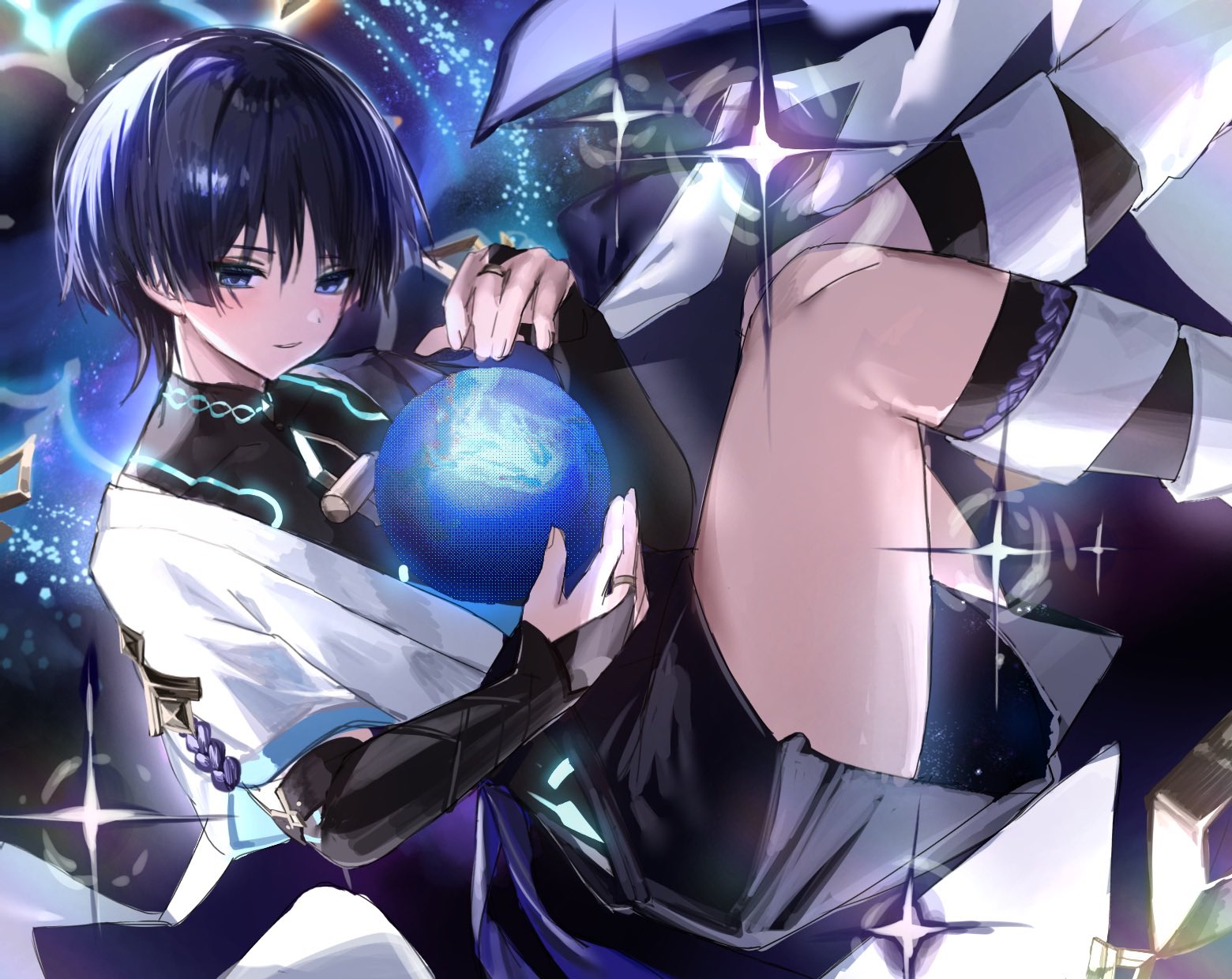 yu (geda4335), scaramouche (genshin impact), wanderer (genshin impact), genshin impact, highres, 1boy, armor, backlighting, black bodysuit, black bridal gauntlets, black hair, black shorts, blue halo, blue sleeves, blunt ends, body markings, bodysuit, bridal gauntlets, choppy bangs, clothing cutout, diffraction spikes, empty eyes, eyeliner, eyeshadow, fetal position, fingernails, giant, glowing markings, gold ring, hakama, hakama shorts, half-closed eyes, halo, halo behind head, hip vent, japanese armor, japanese clothes, kote, kurokote, layered sleeves, leg warmers, looking at object, magic circle, makeup, male focus, mandarin collar, middle ring, open hands, planet, pleated shorts, purple eyes, purple rope, red eyeliner, red eyeshadow, rope, short sleeves, shorts, shoulder peek, solo, white leg warmers, white sleeves