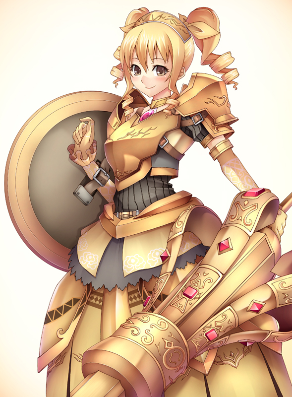 taiyou, monster hunter (series), armor, blonde hair, brown eyes, drill hair, fantasy, knight, shield, simple background