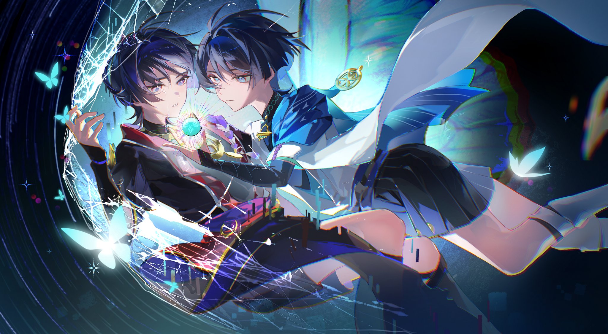 cu09291, scaramouche (genshin impact), wanderer (genshin impact), genshin impact, commentary request, highres, 2boys, ahoge, antenna hair, armor, black bodysuit, black hair, black kimono, black shorts, black sleeves, blue butterfly, blue cape, blue eyes, blue hair, blue kimono, blue sash, blunt ends, bodysuit, bug, butterfly, cape, closed mouth, colored inner hair, crying, crying with eyes open, dual persona, eyelashes, eyeliner, eyeshadow, glitch, glowing object, gold, hair intakes, hakama, hakama shorts, hand up, insect, japanese armor, japanese clothes, jewelry, juban, kimono, kote, kurokote, leg warmers, light smile, looking at another, looking at object, makeup, mandarin collar, multicolored hair, multiple boys, neck ring, o-ring, open clothes, open hand, open kimono, parted lips, pleated shorts, purple eyes, purple hair, purple rope, purple sash, red eyeliner, red eyeshadow, red kimono, red sash, rope, sash, shimenawa, short sleeves, shorts, single sode, smile, split mouth, star trail, tears, white kimono, white leg warmers, white mouth, white rope, white trim, wispy bangs