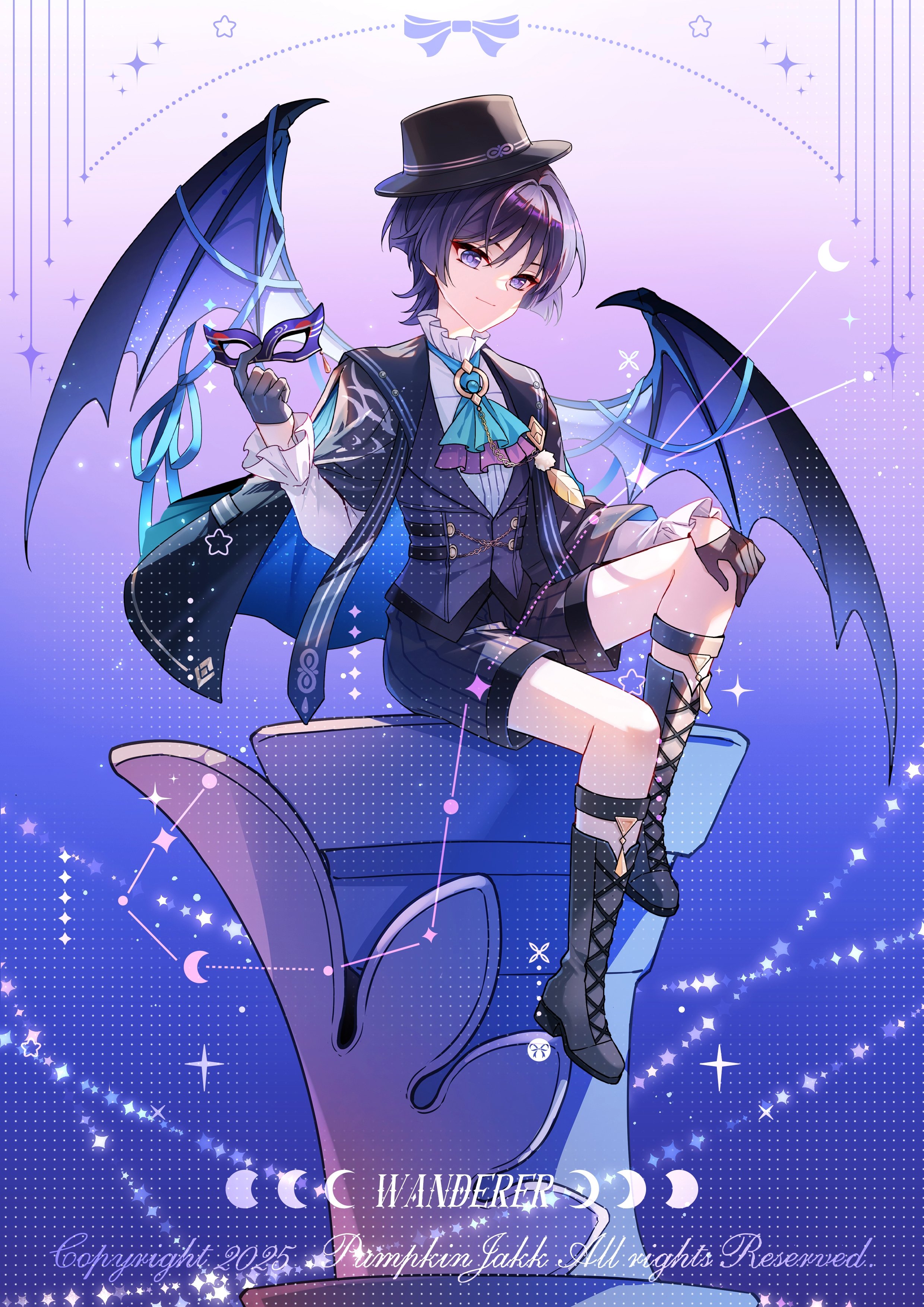pumpkinjakk, scaramouche (genshin impact), wanderer (genshin fes 2026) (genshin impact), wanderer (genshin impact), genshin impact, absurdres, commentary, english commentary, highres, 1boy, 2025, alternate costume, ascot, black boots, black cloak, black gloves, black hair, black hat, black shorts, blue ascot, blue cloak, blue gemstone, boater hat, boots, brooch, cat mask, character name, cloak, closed mouth, collared shirt, constellation, crescent, demon wings, domino mask, eye mask, eyeliner, eyeshadow, formal clothes, frilled shirt collar, frilled sleeves, frills, full body, gem, gloves, gold, half gloves, hand on own knee, hand up, hat, holding, holding mask, jewelry, knee up, lace-up boots, layered ascot, long sleeves, looking at viewer, makeup, male focus, mask, multicolored hair, purple ascot, purple eyes, purple hair, purple mask, purple pupils, purple wings, red eyeliner, red eyeshadow, shirt, shorts, sitting, smile, solo, spiked wings, star (sky), streaked hair, striped clothes, striped shorts, tsurime, two-sided cloak, two-sided fabric, undershirt, watermark, white shirt, white sleeves, white trim, wings