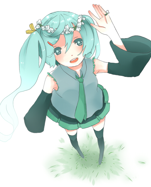 wakuraba, hatsune miku, vocaloid, aqua hair, blush, crown, detached sleeves, flower, hair ornament, hair ribbon, hairclip, head wreath, jewelry, long hair, necktie, ribbon, ring, skirt, solo, thighhighs, twintails