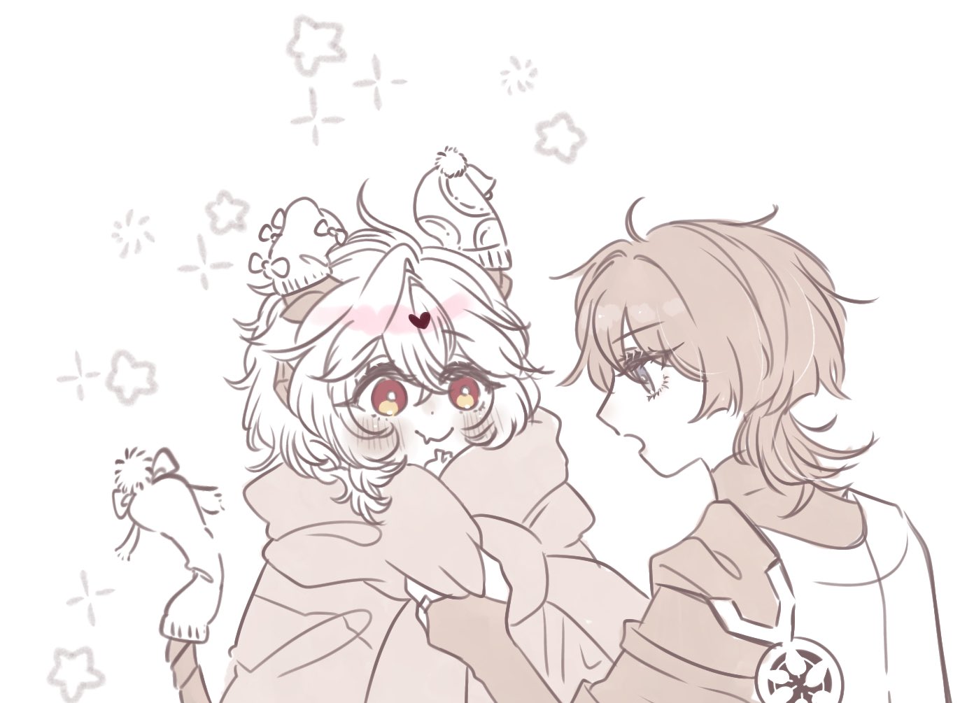 mimacbr, mini durin (genshin impact), mini durin (human) (genshin impact), scaramouche (genshin impact), wanderer (genshin impact), genshin impact, fluffy hair, commentary, english commentary, 2boys, adjusting scarf, beanie, blunt ends, blush, bodysuit, bow, bridal gauntlets, bright pupils, cape, closed mouth, cowlick, crossed bangs, dragon boy, dragon horns, dragon tail, dressing, facial mark, fang, grey eyes, hair between eyes, hand up, hat, heart, heart facial mark, horns, japanese clothes, kimono, looking at another, middle ring, multiple boys, orange eyes, scarf, sepia, skin fang, smile, spot color, tail, tareme, turtleneck, turtleneck bodysuit, white background, white pupils