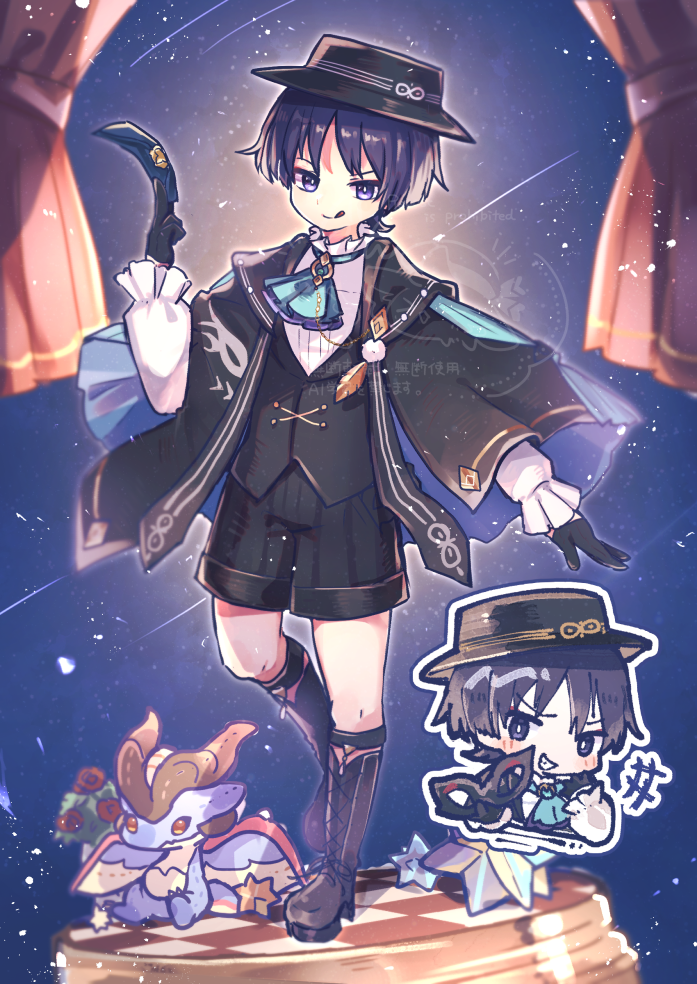 gurumin (gurruguru), mini durin (dragon) (genshin impact), mini durin (genshin impact), scaramouche (genshin impact), wanderer (genshin fes 2026) (genshin impact), wanderer (genshin impact), genshin impact, commentary request, +++, 1boy, :d, alternate costume, arm at side, ascot, black boots, black cloak, black gloves, black hair, black hat, black mask, black shorts, black vest, blue ascot, blue cloak, blue mask, blunt ends, boater hat, boots, bright pupils, character doll, cloak, collared shirt, curtains, doll, dragon, dress shirt, eye mask, eyeliner, eyeshadow, feathers, flower, formal clothes, frilled shirt collar, frilled sleeves, frills, full body, gloves, gold trim, grin, half gloves, hand up, hat, holding, holding mask, knee boots, lace-up boots, lapels, layered ascot, long hair, looking at viewer, makeup, male focus, mask, night, night sky, open mouth, plant, pom pom (clothes), potted plant, purple ascot, purple eyes, red eyeliner, red eyeshadow, red flower, red rose, rose, shirt, shooting star, shorts, sky, small dragon, smile, solo, standing, star (sky), starry sky background, striped clothes, striped shorts, teeth, tile floor, tiles, tongue, tongue out, two-sided cloak, two-sided fabric, undershirt, vest, watermark, white pupils, white shirt, white sleeves, white trim, wispy bangs, yellow feathers