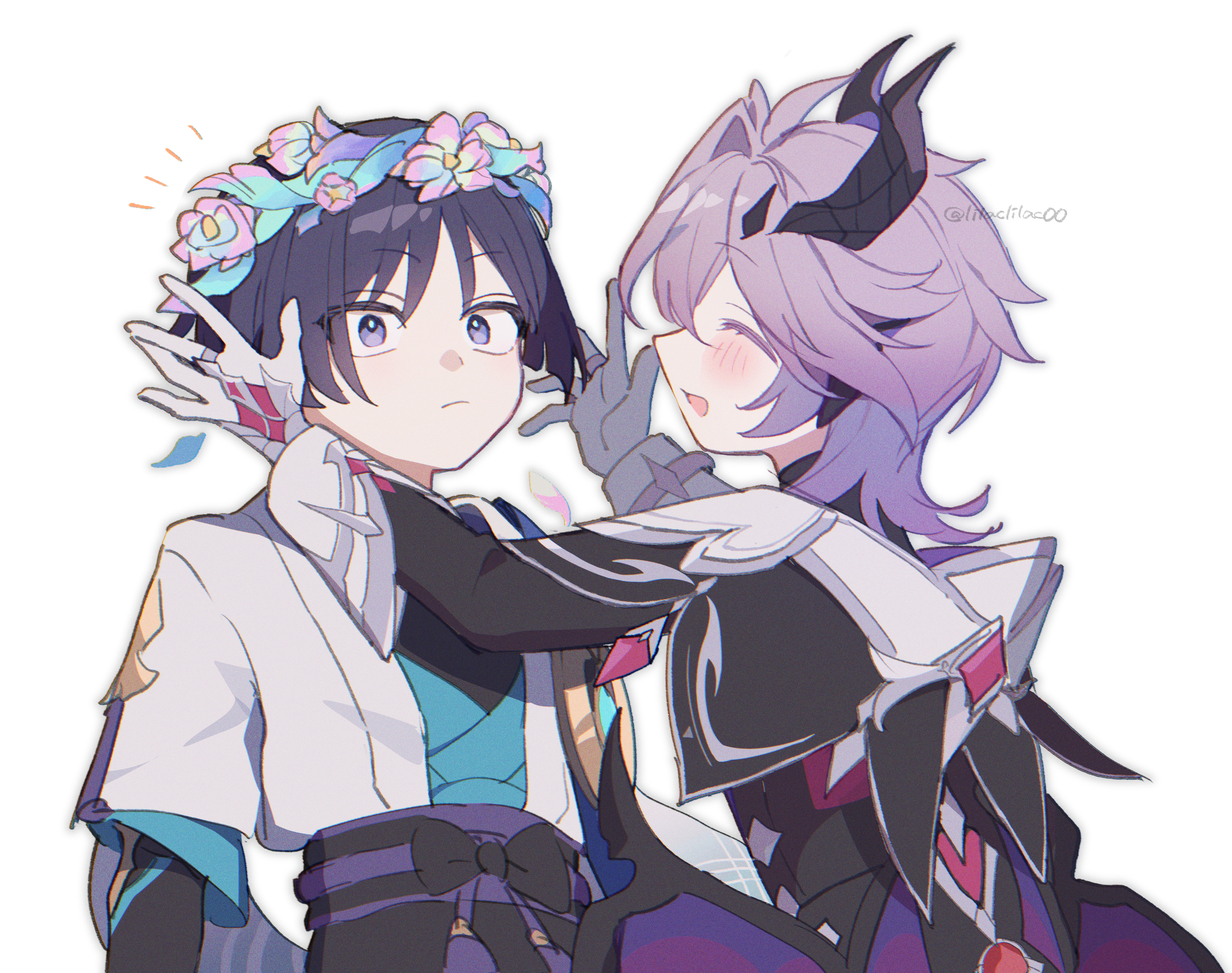 lilaclilac00, mini durin (genshin impact), mini durin (human) (genshin impact), scaramouche (genshin impact), wanderer (genshin impact), genshin impact, commentary request, highres, 2boys, alternate headwear, aqua flower, arm at side, arms up, belt, black belt, black bodysuit, black bow, black bridal gauntlets, black coat, black hair, black horns, black sleeves, blue gemstone, blue kimono, blue petals, blue sleeves, blunt ends, blush, bodysuit, bow, bridal gauntlets, bright pupils, closed eyes, closed mouth, coat, collar, colored eyelashes, dragon horns, dragon wings, facing another, falling petals, flower, flower wreath, gem, gloves, gold, horns, japanese clothes, juban, kimono, layered sleeves, long sleeves, looking up, multicolored flower, multiple boys, notice lines, open clothes, open hands, open kimono, open mouth, petals, pink flower, pink petals, purple eyes, purple hair, purple rope, purple sash, purple wings, red gemstone, rope, sash, short sleeves, sideways mouth, tassel, twitter username, vision (genshin impact), white collar, white gloves, white kimono, white pupils, white sleeves, wide-eyed, wings, wispy bangs