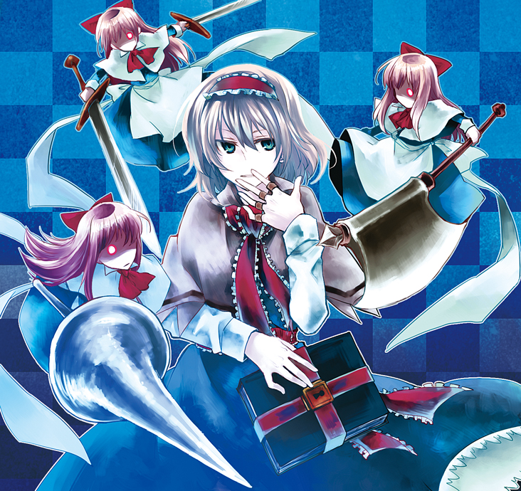 tadano kagekichi, alice margatroid, shanghai doll, touhou, 4girls, aqua eyes, axe, blonde hair, book, doll, dual wielding, female focus, glowing, glowing eye, glowing eyes, hairband, holding, lance, long hair, multiple girls, polearm, red eyes, short hair, solo, standing, sword, weapon