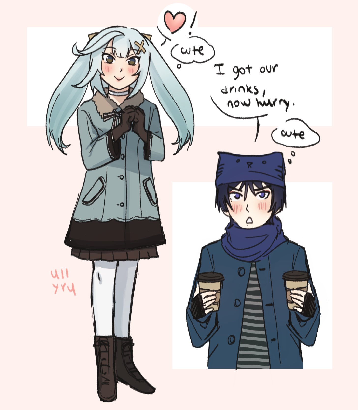 faruzan (genshin impact), scaramouche (genshin impact), genshin impact, highres, !, 1boy, 1girl, alternate costume, aqua coat, aqua hair, aqua sleeves, artist name, beanie, black gloves, black hair, blue coat, blue hat, blue scarf, blue sleeves, blunt ends, blush, brown eyes, brown shoes, brown skirt, center-flap bangs, choker, clenched hands, coat, contemporary, couple, cowlick, cross-laced shoes, cup, disposable coffee cup, disposable cup, english text, eyelashes, eyeliner, eyeshadow, fingerless gloves, fur-trimmed coat, fur collar, fur trim, gloves, hands up, hat, heart, hetero, holding, holding cup, long hair, long sleeves, looking at viewer, looking up, makeup, open mouth, own hands together, pantyhose, pink background, pleated skirt, purple eyes, red eyeliner, red eyeshadow, scarf, shirt, shoes, sidelocks, skirt, speech bubble, spoken exclamation mark, spoken heart, standing, striped clothes, striped shirt, twintails, uiiyru, unbuttoned, undershirt, white choker, white mouth, white pantyhose, winter clothes, wispy bangs