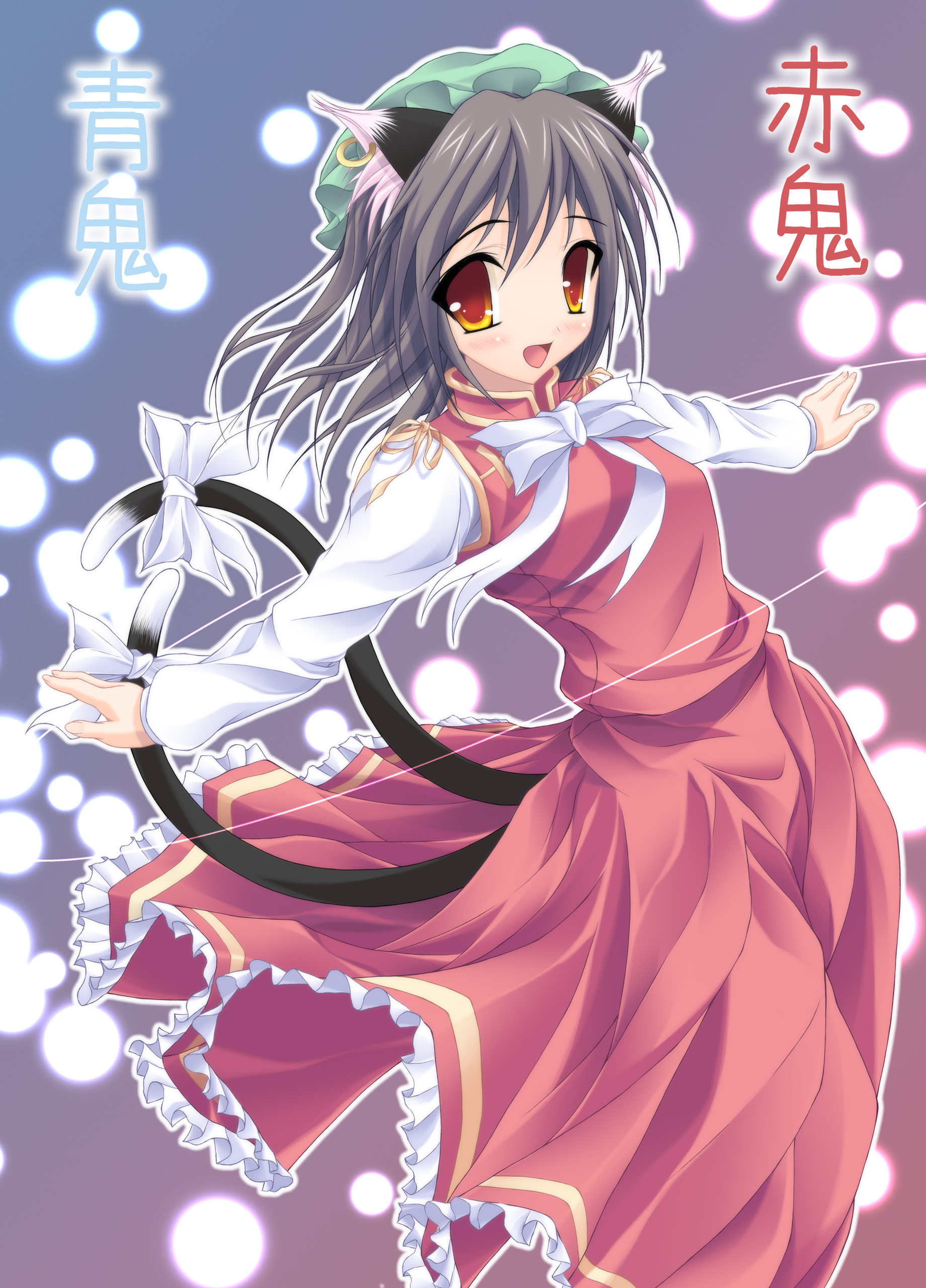 angelica (pixiv), chen, touhou, absurdres, highres, translated, 1girl, animal ears, brown hair, cat ears, cat girl, cat tail, earrings, female focus, gradient background, hat, jewelry, multiple tails, red eyes, short hair, skirt, solo, tail