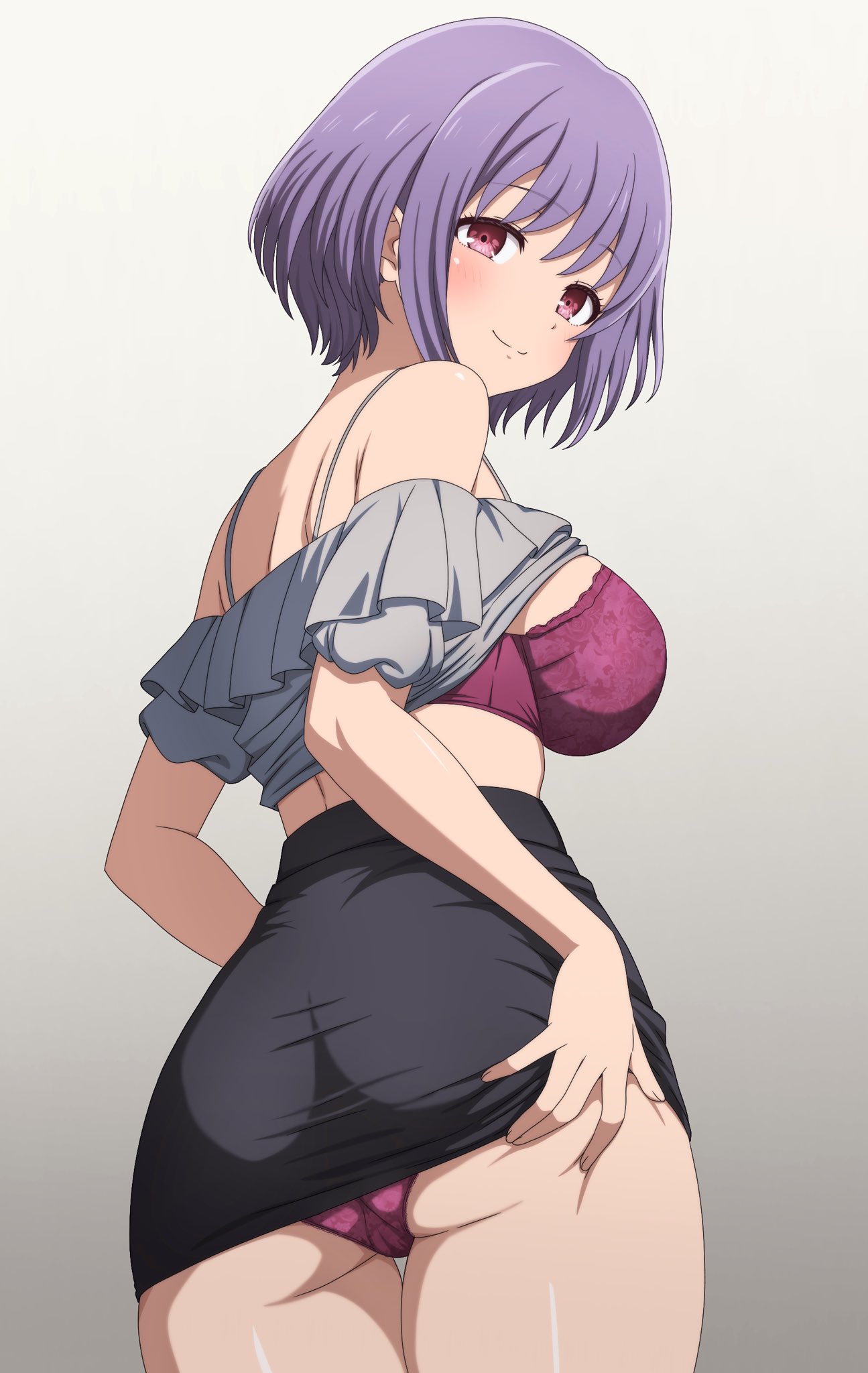 noshimurin, yuutenji nyamu, bang dream!, bang dream! it's mygo!!!!!, commentary request, highres, 1girl, ass, black skirt, bra, breasts, closed mouth, clothes lift, gradient background, grey hair, grey shirt, large breasts, panties, pink eyes, purple bra, purple hair, purple panties, shirt, shirt lift, short hair, short sleeves, skirt, skirt lift, solo, underwear