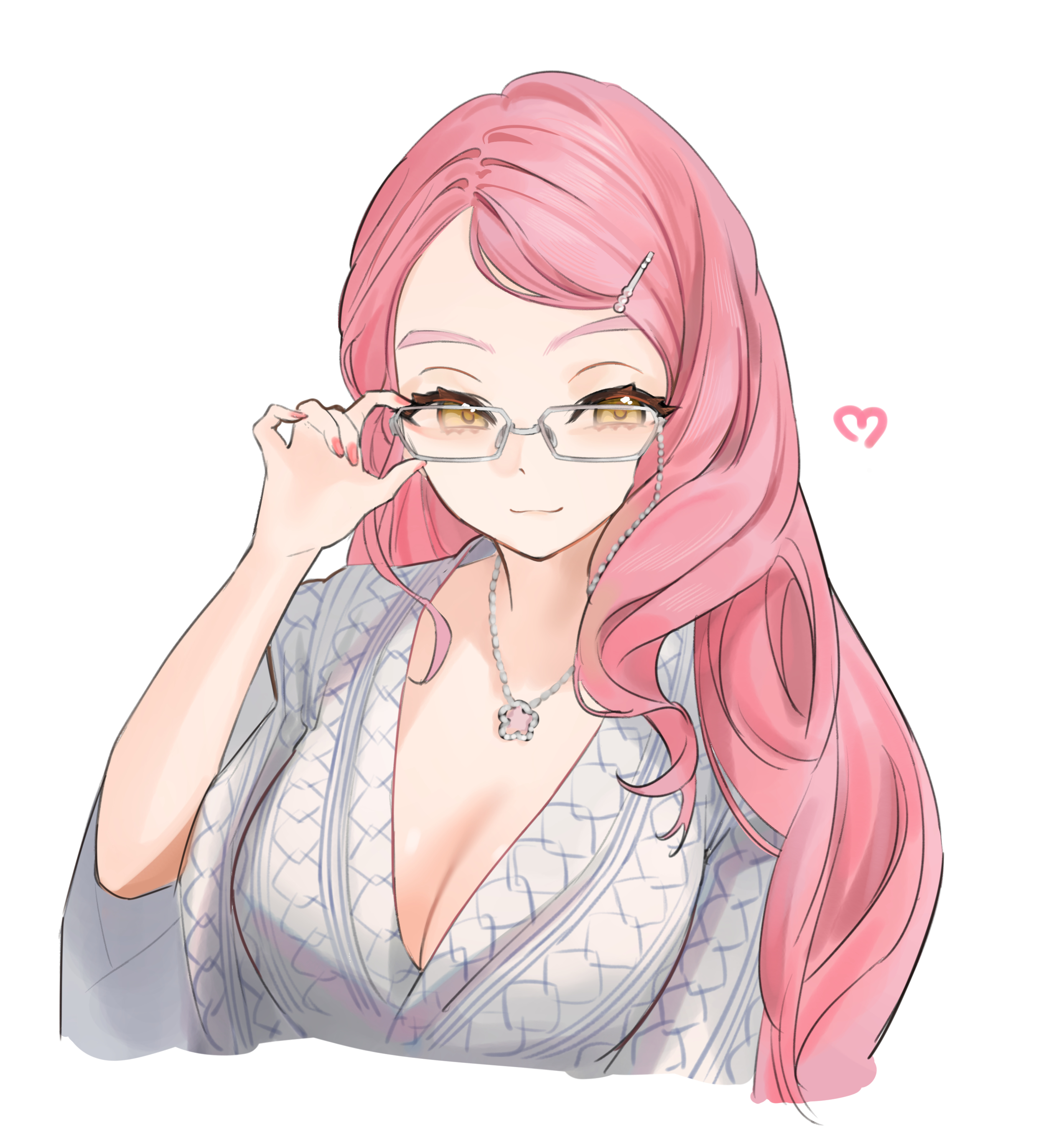 mikon (nicknqme), koyanskaya (fate), koyanskaya (over the same sky) (fate), fate/grand order, fate (series), absurdres, hashtag-only commentary, highres, 1girl, bath yukata, blush, breasts, cleavage, glasses, hair ornament, hairclip, heart, japanese clothes, jewelry, kimono, large breasts, long hair, long sleeves, looking at viewer, necklace, pink hair, smile, solo, swept bangs, white kimono, yellow eyes, yukata