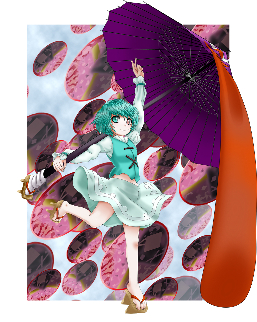 araki (qbthgry), tatara kogasa, touhou, highres, 1girl, blue eyes, blue hair, female focus, geta, heterochromia, karakasa obake, matching hair/eyes, red eyes, sandals, short hair, solo, tongue, umbrella