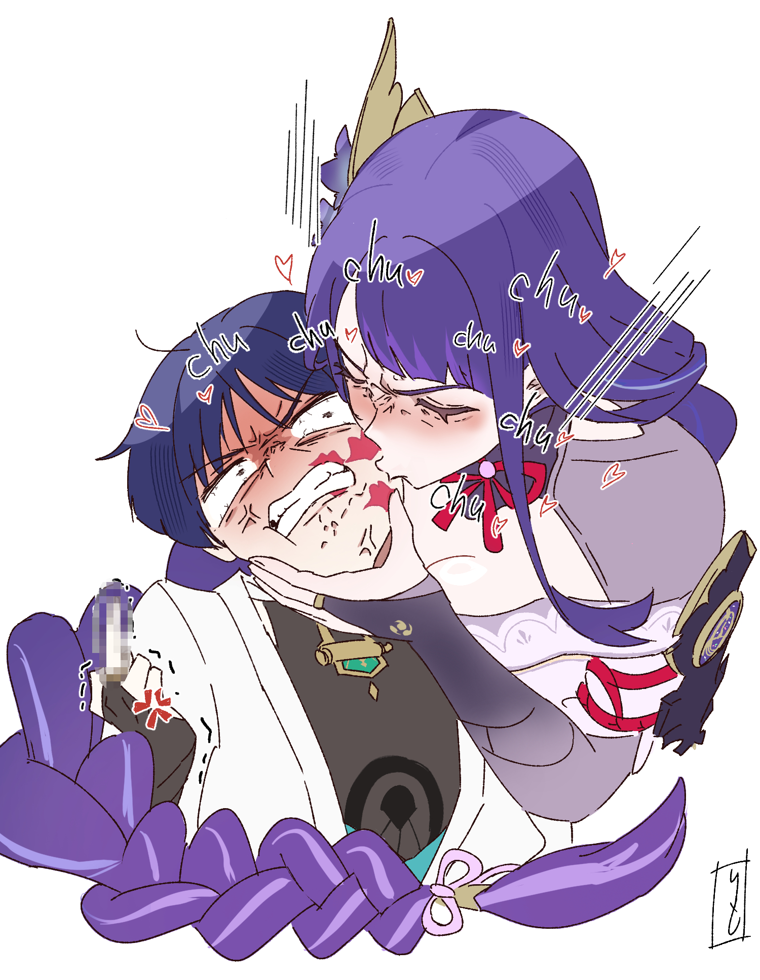 amaairito, raiden shogun, scaramouche (genshin impact), wanderer (genshin impact), genshin impact, commentary, english commentary, highres, 1boy, 1girl, anger vein, angry, assertive female, black bodysuit, black eyes, black hair, blue kimono, blunt bangs, blunt ends, blush, bodysuit, braid, breasts, bridal gauntlets, censored, cleavage, clenched teeth, closed eyes, constricted pupils, eyelashes, facing another, fingernails, flower, frown, furrowed brow, gold, gold ring, grey shrug, hair flower, hair ornament, hair tie, hand on another's face, japanese clothes, juban, kimono, kiss, kissing cheek, lipstick mark on cheek, long hair, long sidelocks, low-braided long hair, low-tied long hair, middle finger, middle ring, mitsudomoe (shape), mosaic censoring, mother and son, multicolored hair, off shoulder, open clothes, open kimono, purple bridal gauntlets, purple hair, purple kimono, red rope, rope, short sleeves, shoulder peek, shrug (clothing), sidelocks, single sidelock, single sode, sound effects, streaked hair, string, swept bangs, teeth, tomoe (symbol), trembling, veins, white background, white hair, white kimono, wispy bangs