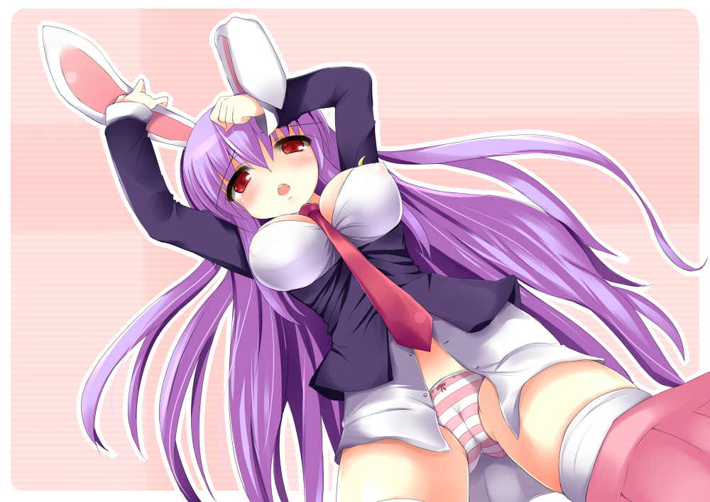 shikano sumiaki, reisen udongein inaba, touhou, bad id, bad pixiv id, 1girl, animal ears, blazer, breasts, cameltoe, female focus, from below, jacket, large breasts, long hair, necktie, panties, pleated skirt, purple hair, rabbit ears, red eyes, red necktie, skirt, solo, striped clothes, striped panties, thighhighs, underwear