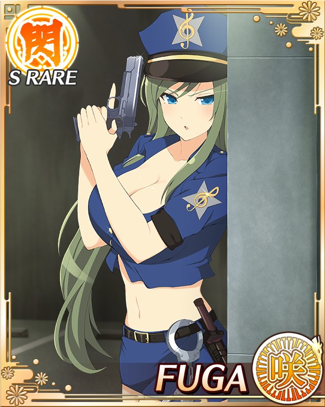 fuga (senran kagura), senran kagura, senran kagura new wave, game cg, official art, 1girl, :o, baton (weapon), blue eyes, border, breasts, card (medium), character name, cleavage, crop top, cuffs, english text, green hair, gun, handcuffs, handgun, hat, holding, holding gun, holding weapon, large breasts, long sleeves, looking at viewer, mole, mole under eye, navel, official alternate costume, peaked cap, pencil skirt, police, police badge, police hat, police uniform, policewoman, skirt, solo, swept bangs, taking cover, treble clef, trigger discipline, weapon