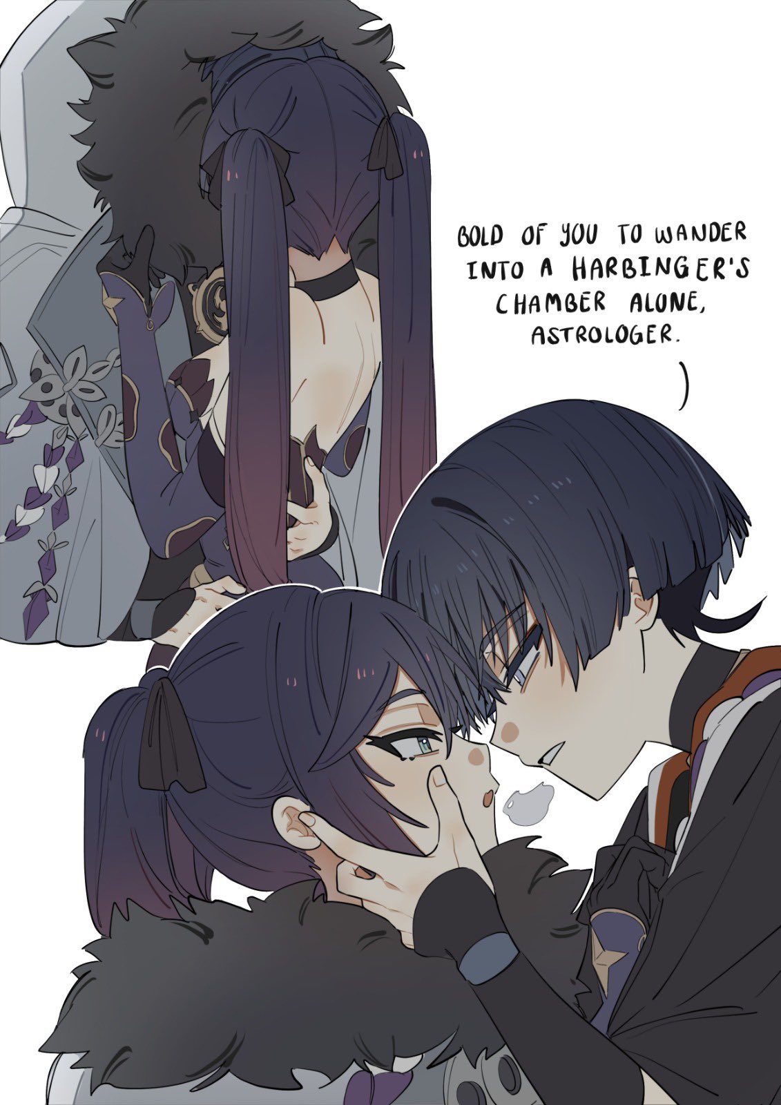 ysnden, mona (genshin impact), scaramouche (genshin impact), genshin impact, highres, 1boy, 1girl, aiguillette, aqua eyes, armor, bare shoulders, black bow, black choker, black gloves, black kimono, black sleeves, bodystocking, borrowed clothes, bow, breasts, bright pupils, choker, coat, colored inner hair, couple, detached sleeves, english text, eye contact, face-to-face, facing another, fatui coat, fatui logo, fingernails, fur-trimmed coat, fur-trimmed hood, fur trim, gloves, gold trim, gradient hair, grey eyes, grey hair, hair bow, half-closed eyes, hand on another's back, hand on another's chest, hand on another's face, hand on another's hip, hetero, hood, hood up, hug, japanese armor, japanese clothes, juban, kimono, kote, kurokote, lapels, leotard, long hair, looking at another, medium breasts, multicolored hair, multiple views, open hand, open mouth, pink hair, purple leotard, purple rope, purple sleeves, red kimono, rope, sequential, shimenawa, short sleeves, shoulder blades, steam, strapless, strapless leotard, tsurime, twintails, white background, white coat, white hood, white kimono, white mouth, white pupils, white rope, winter clothes, winter coat