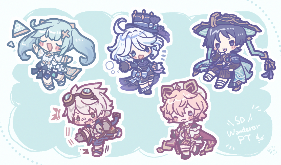 gurumin (gurruguru), bennett (genshin impact), dahlia (genshin impact), faruzan (genshin impact), furina (genshin impact), scaramouche (genshin impact), wanderer (genshin impact), genshin impact, facing up, commentary request, 2girls, 3boys, :3, ^^^, ahoge, anklet, aqua background, arm at side, arm up, armlet, ascot, asymmetrical gloves, bandaid, bandaid on face, bandaid on nose, black gloves, black hat, black shoes, black shorts, black sleeves, black vest, blue bow, blue eyes, blue hair, blue jacket, blue shorts, blush, border, bow, center-flap bangs, chibi, closed eyes, closed mouth, clothing cutout, coattails, cowlick, curly ends, curly sidelocks, dress, eyelashes, fang, frilled socks, frills, gloves, goggles, goggles on head, gold, gold trim, green eyes, grey gloves, grey hair, grey shirt, hair between eyes, hair ornament, hat, hat bow, hetero, jacket, jewelry, lapels, long hair, long sleeves, looking at viewer, mini hat, mini top hat, mismatched gloves, multiple boys, multiple girls, notice lines, one eye closed, open clothes, open jacket, open mouth, outstretched arms, purple ascot, purple eyes, red scarf, scarf, shirt, shoes, short hair, short sleeves, shorts, side cutout, sidelocks, skirt cutout, socks, suit jacket, top hat, tripping, twintails, vest, white border, white dress, white gloves, white hat, white shoes, white shorts, white sleeves, white socks, white trim, x hair ornament