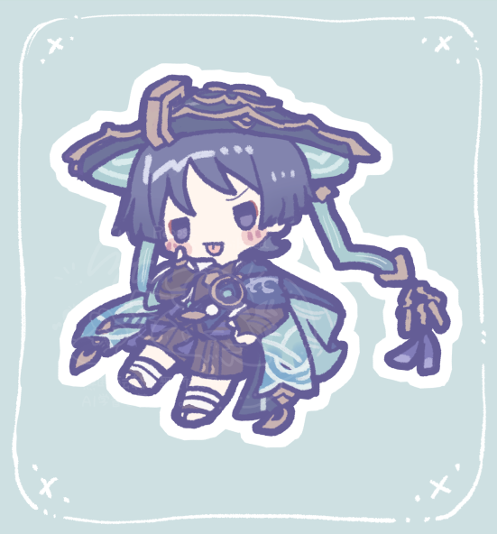 gurumin (gurruguru), scaramouche (genshin impact), wanderer (genshin impact), genshin impact, commentary request, 1boy, :p, akanbe, aqua background, armor, black bodysuit, black bridal gauntlets, black eyes, black hair, black shorts, blue cape, blue gemstone, blue hat, blunt ends, blush, bodysuit, bridal gauntlets, cape, eyelid pull, eyeliner, eyeshadow, feathers, finger to cheek, furisode, gem, gold, hakama, hakama shorts, hat, index finger raised, japanese armor, japanese clothes, jingasa, kimono, kote, kurokote, leg warmers, makeup, male focus, mandarin collar, outline, pleated shorts, pom pom (clothes), red eyeliner, red eyeshadow, shorts, solo, tongue, tongue out, vision (genshin impact), white leg warmers, white outline, white trim, wispy bangs, yellow feathers