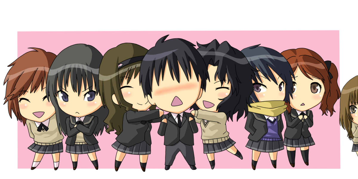shouji nigou, ayatsuji tsukasa, kamizaki risa, morishima haruka, nakata sae, nanasaki ai, sakurai rihoko, tachibana jun'ichi, tanamachi kaoru, amagami, 1boy, 6+girls, blush, chibi, everyone, harem, multiple girls, school uniform