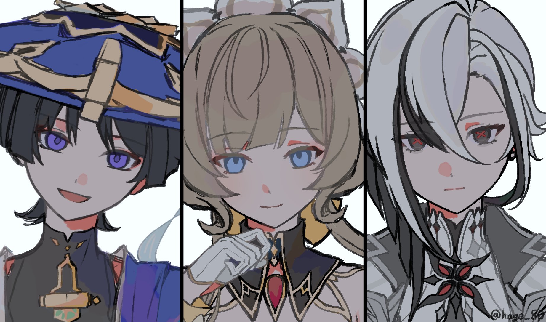 arlecchino (genshin impact), sandrone (genshin impact), scaramouche (genshin impact), wanderer (genshin impact), genshin impact, commentary request, highres, 1boy, 2girls, armpit crease, asymmetrical bangs, bangs pinned back, black bodysuit, black collar, black eyes, black hair, blue eyes, blunt bangs, blunt ends, bodysuit, brown hair, cape, closed mouth, collar, curtained hair, detached collar, earrings, empty eyes, formal clothes, gem, gloves, gold, grey trim, hage 80, hair between eyes, half gloves, hand up, hat, head tilt, jacket, japanese clothes, jewelry, jingasa, kimono, light smile, looking at viewer, mandarin collar, multicolored hair, multiple girls, open mouth, purple cape, purple eyes, purple hat, red gemstone, red pupils, shirt, short hair, short hair with long locks, shoulder peek, sidelocks, single hair intake, sketch, smile, split mouth, streaked hair, suit, suit jacket, swept bangs, symbol-shaped pupils, twitter username, undershirt, white gloves, white hair, white headdress, white jacket, white kimono, white shirt, white suit, wispy bangs, x-shaped pupils