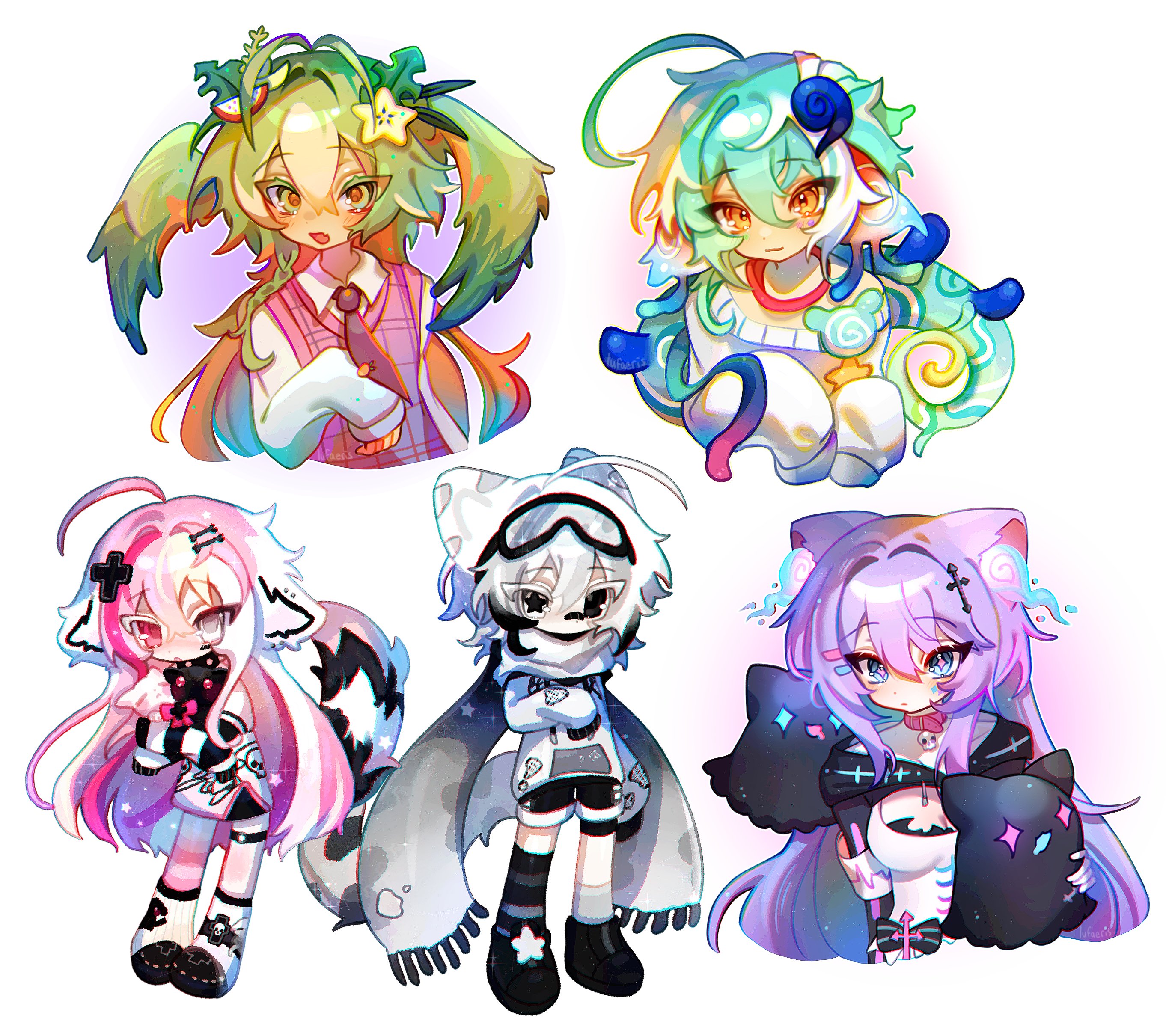 cloud (lufaeris), original, absurdres, commentary, commission, english commentary, highres, vgen commission, 1boy, 4girls, ahoge, animal ears, black necktie, black shoes, blue eyes, breasts, cleavage, closed mouth, deformed, double-parted bangs, green eyes, green hair, grey scarf, hair between eyes, hair ornament, holding, holding stuffed toy, long hair, looking at viewer, medium breasts, multiple girls, necktie, open mouth, pink hair, pink vest, purple eyes, purple hair, scarf, shirt, shoes, short hair, simple background, smile, star (symbol), star hair ornament, stuffed animal, stuffed toy, sweater, tail, vest, white background, white hair, white shirt, white sweater, x hair ornament