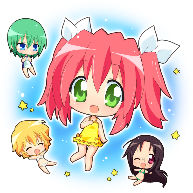hahifuhe, iwasaki minami, kobayakawa yutaka, patricia martin, tamura hiyori, lucky star, 00s, bikini, chibi, green eyes, red hair, star (symbol), swimsuit, twintails