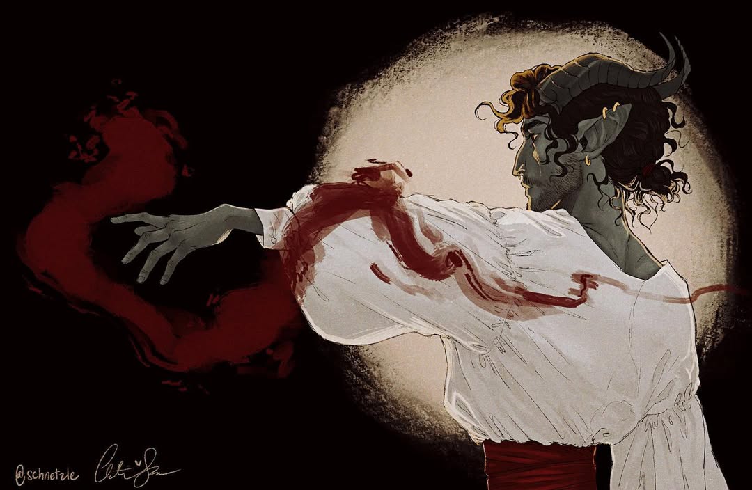 arcanegold, tiefling, dungeons & dragons, original, commentary, english commentary, 1boy, arm up, back, beard stubble, black border, black hair, blood, border, colored sclera, colored skin, curled horns, curly hair, demon boy, demon horns, ear piercing, facial hair, fading border, fantasy, from side, gold piercing, green skin, hemokinesis, horns, long sleeves, looking to the side, piercing, pointy ears, profile, puffy long sleeves, puffy sleeves, red eyes, red sash, ring piercing, sash, shirt, shirt tucked in, sidelighting, signature, skin-covered horns, stubble, thick eyebrows, upper body, very low bun, vincent obra (arcanegold), waist sash, white background, white shirt, yellow sclera