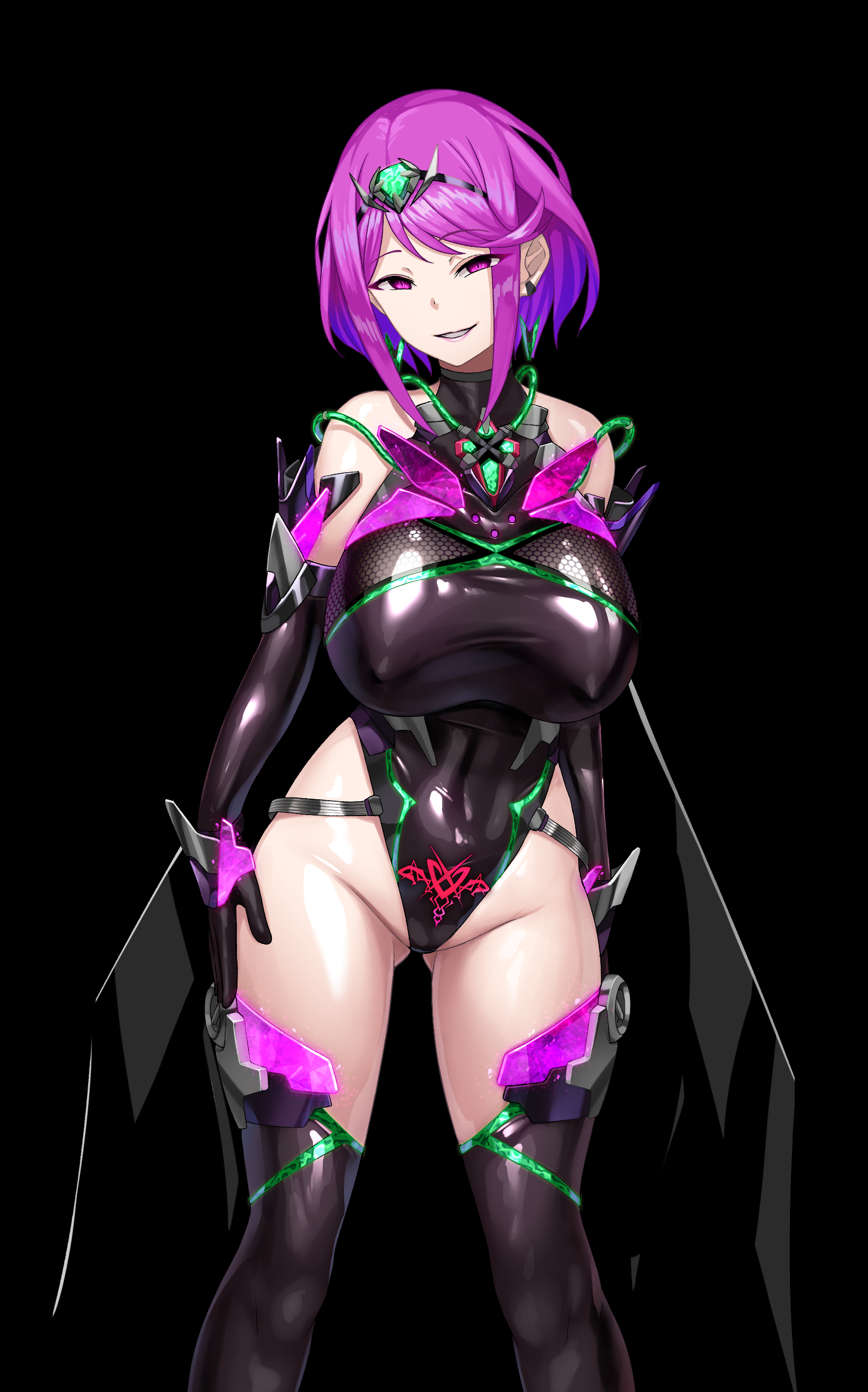 miyashiro ryuutarou, pyra (xenoblade), xenoblade chronicles (series), xenoblade chronicles 2, absurdres, commentary request, highres, 1girl, black background, black gloves, black leotard, boots, breasts, circlet, core crystal (xenoblade), corruption, covered erect nipples, dark persona, earrings, elbow gloves, evil grin, evil smile, gloves, gluteal fold, grin, half-closed eyes, highleg, highleg leotard, jewelry, large breasts, latex, latex gloves, latex leotard, leotard, looking at viewer, medium hair, purple eyes, purple hair, simple background, smile, solo, teeth, thigh boots